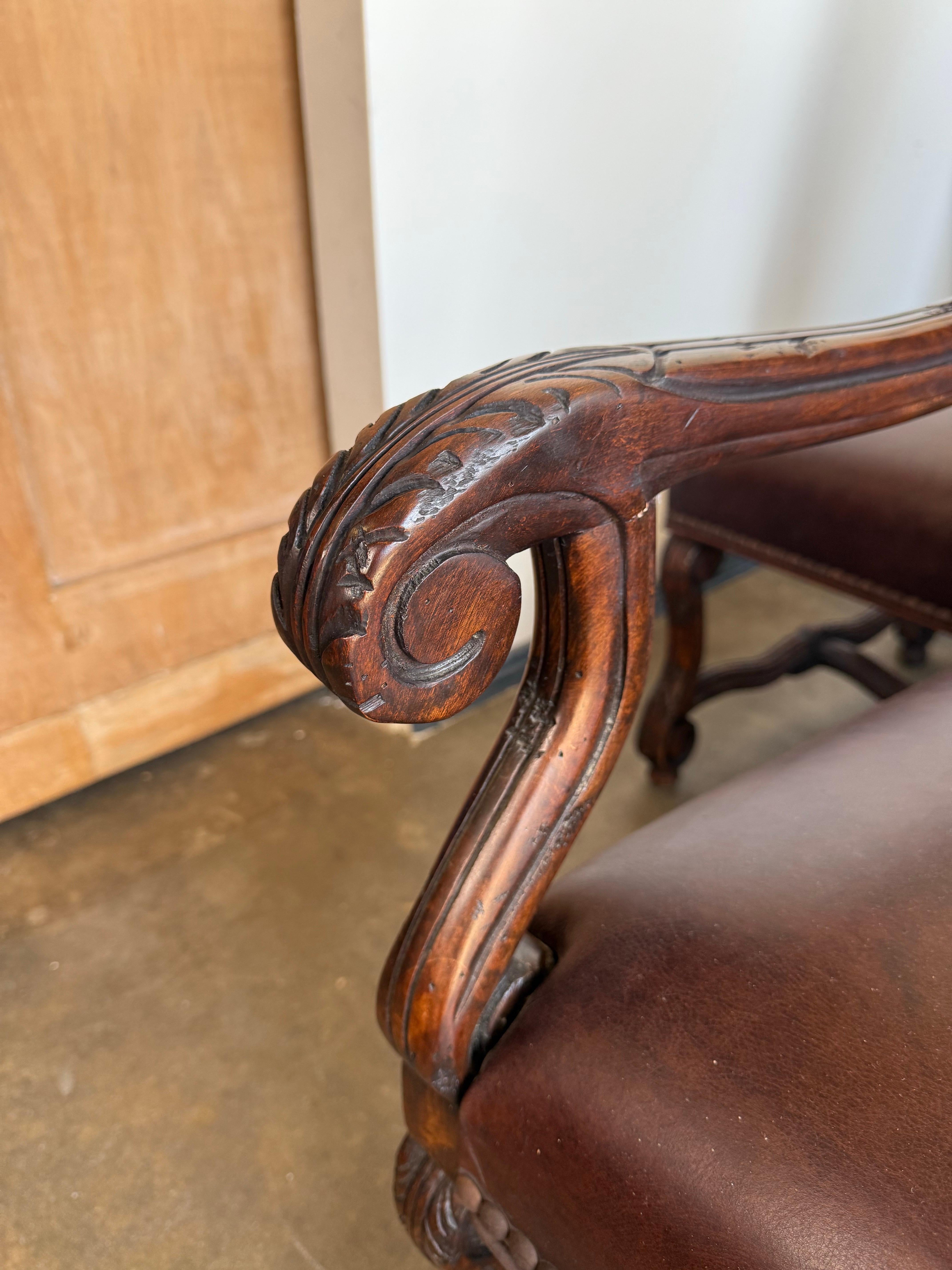 Set of Eight Spanish Revival Leather and Carved Walnut Dining Chairs For Sale 3