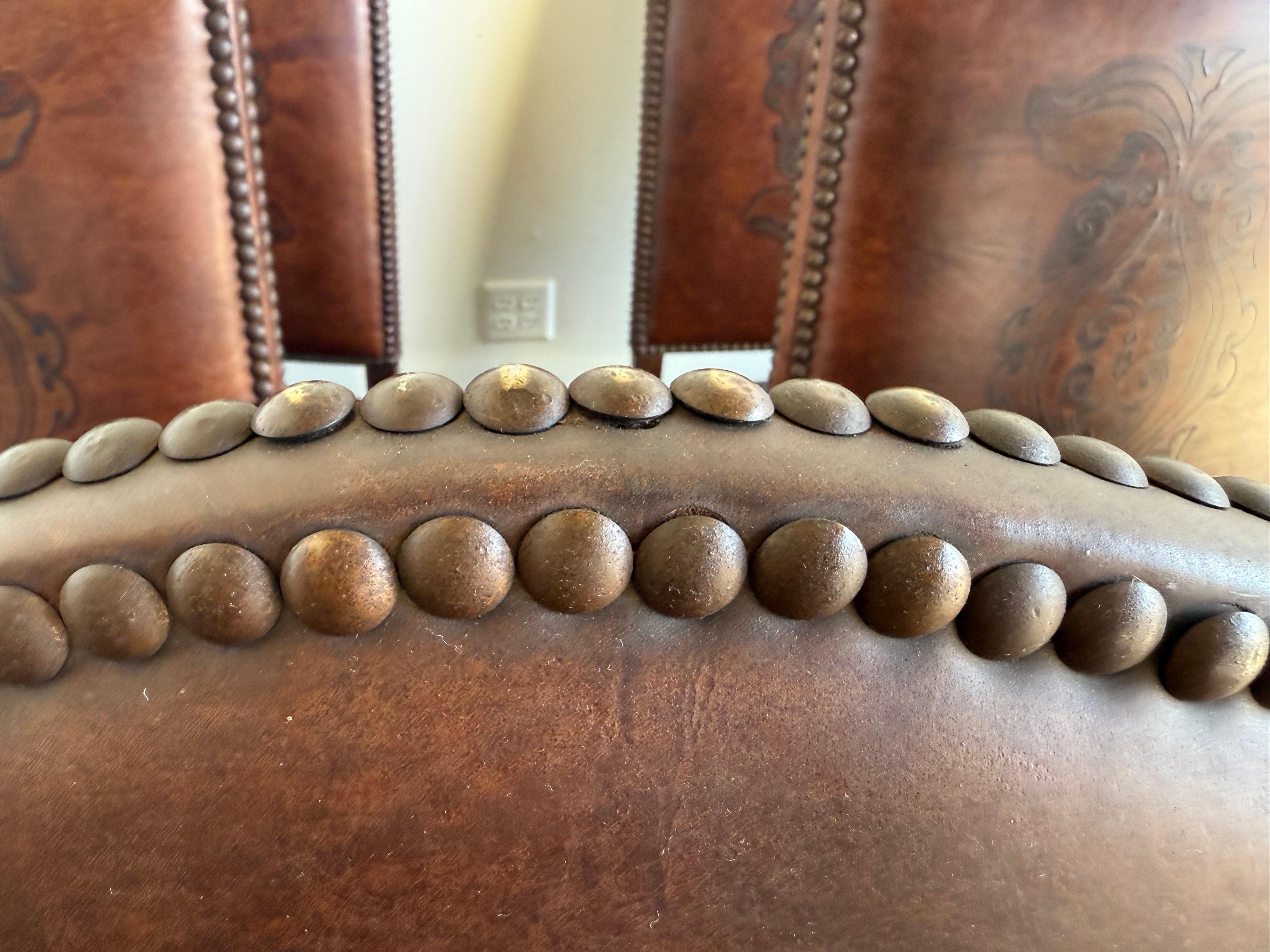 Set of Eight Spanish Revival Leather and Carved Walnut Dining Chairs For Sale 4