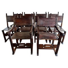 Set of Ten Spanish Revival Leather Dining Chairs, circa 1920s