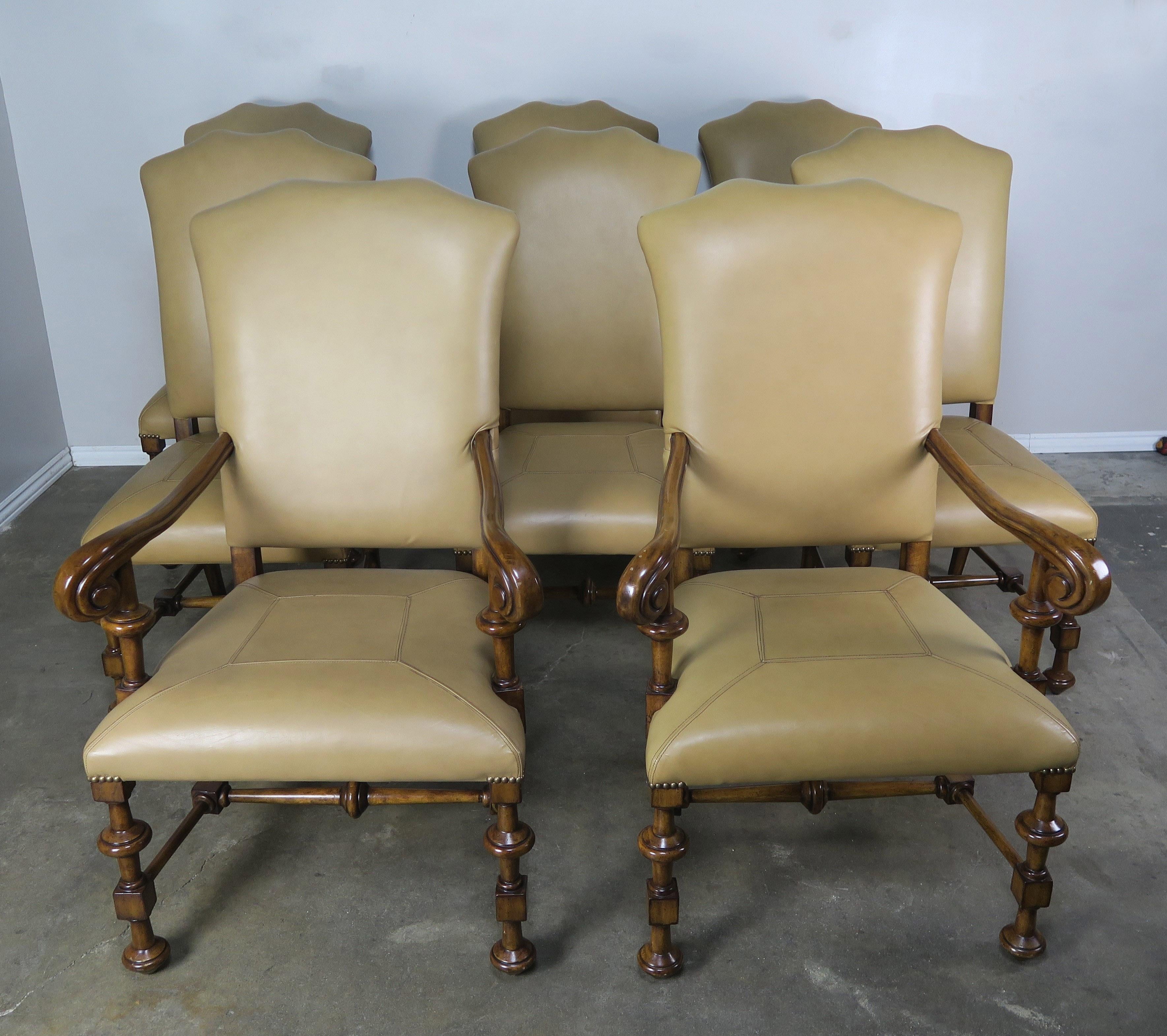 Set of Eight Spanish Walnut Leather Dining Chairs 8