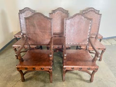 Set of Eight Spanish Walnut & Leather Dining Chairs