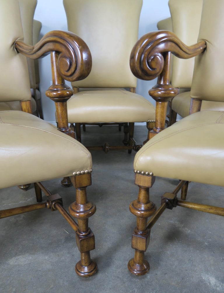 Set of Eight Spanish Walnut Leather Dining Chairs at 1stDibs