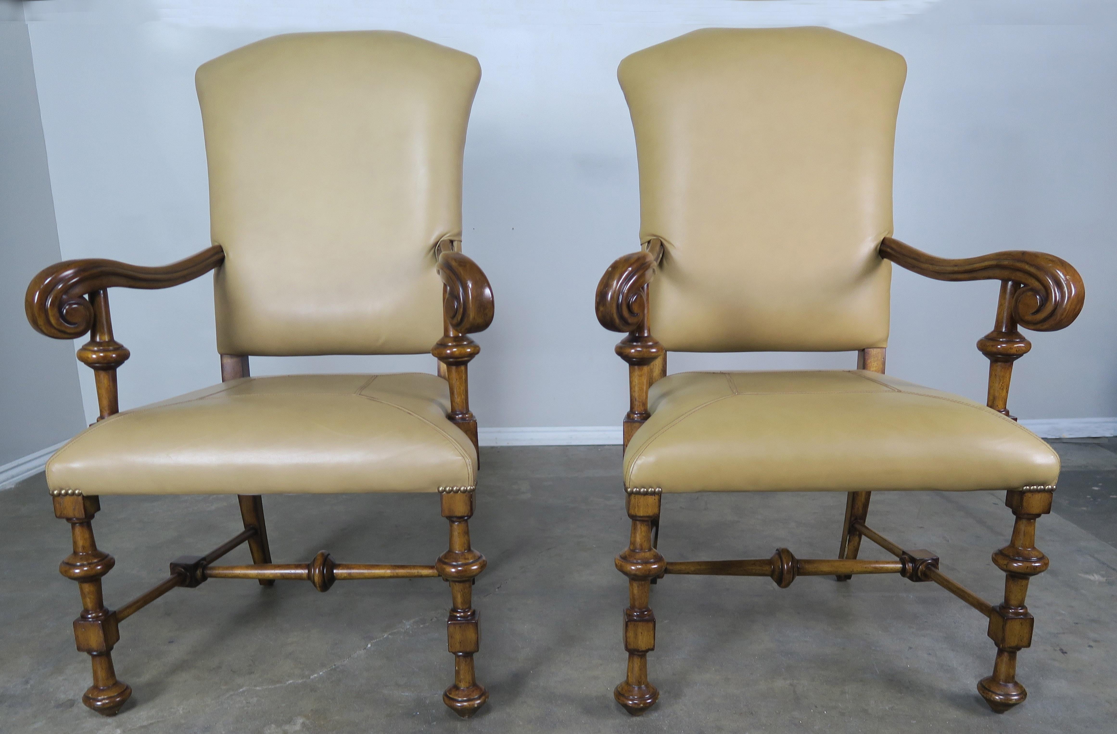 Spanish Colonial Set of Eight Spanish Walnut Leather Dining Chairs
