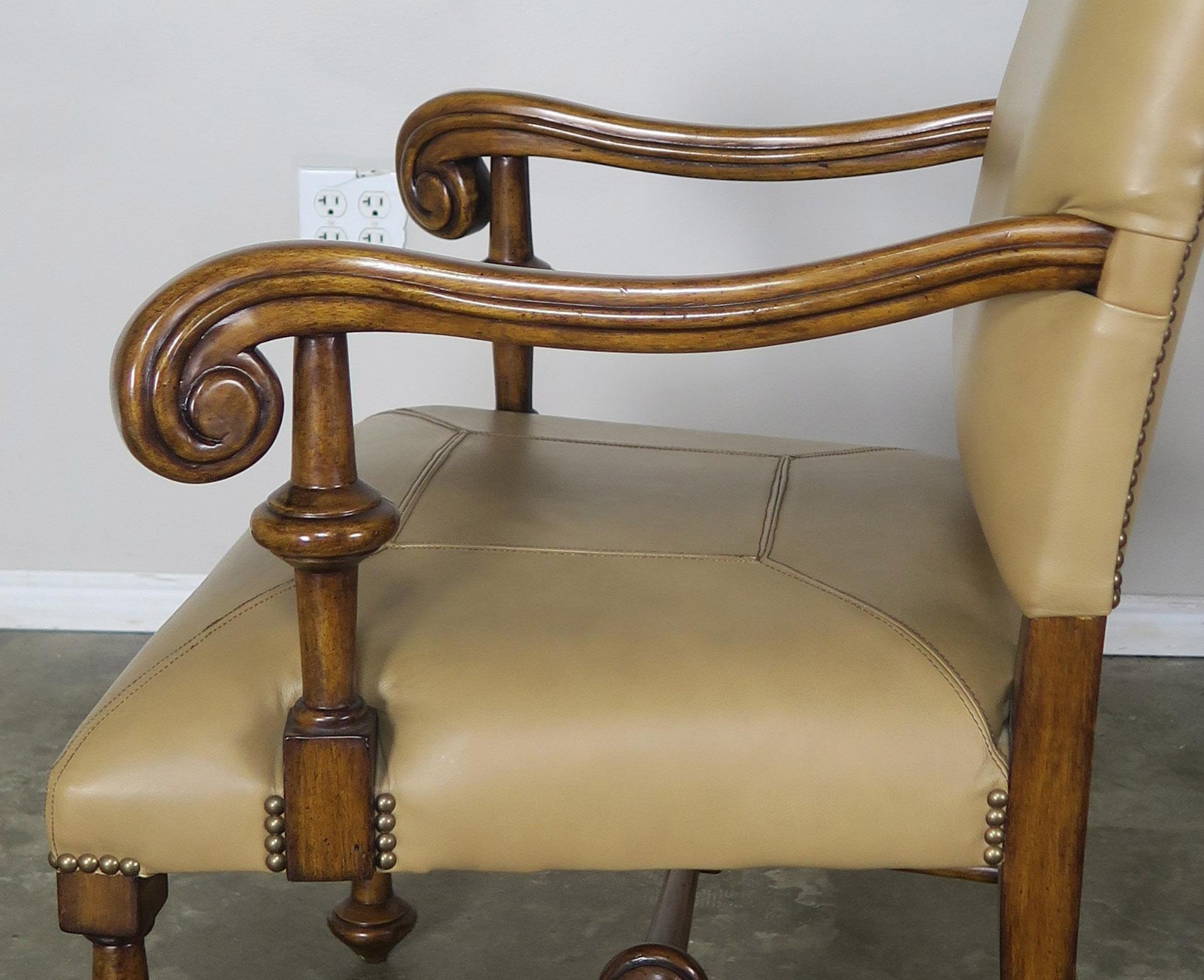Set of Eight Spanish Walnut Leather Dining Chairs In Good Condition In Los Angeles, CA