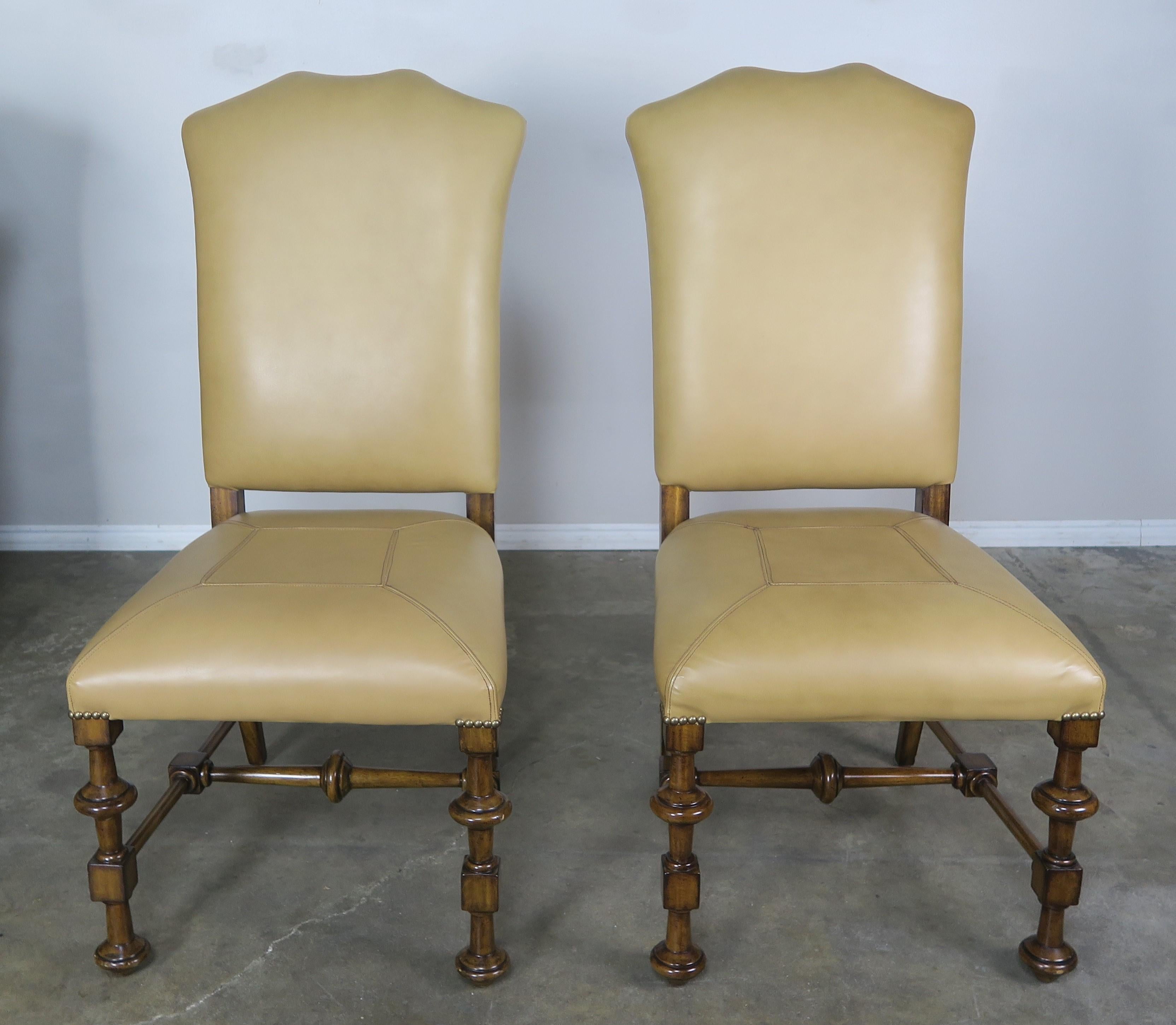20th Century Set of Eight Spanish Walnut Leather Dining Chairs