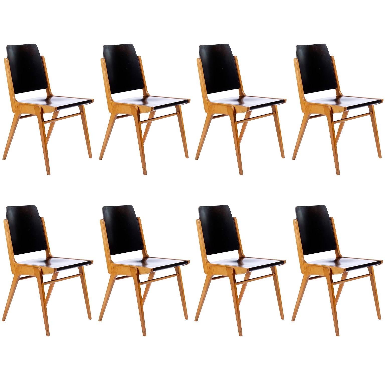 Set of Eight Stacking Chairs by Franz Schuster, Bicolored Beech Black, Austria