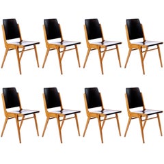 Set of Eight Stacking Chairs by Franz Schuster, Bicolored Beech Black, Austria