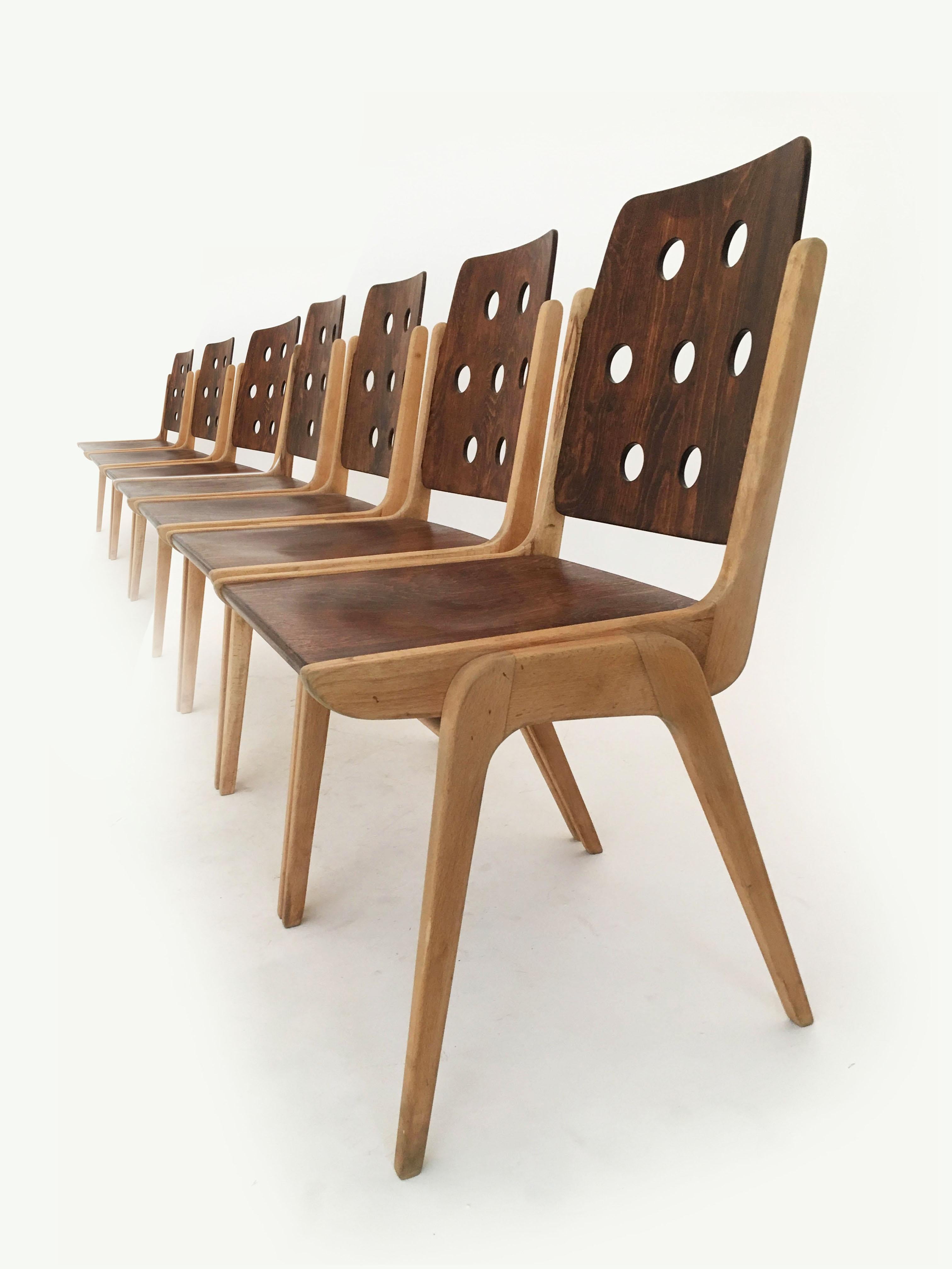 Beech Set of Eight Stacking Dining Chairs Franz Schuster, Duo-Colored, Austria 1950s