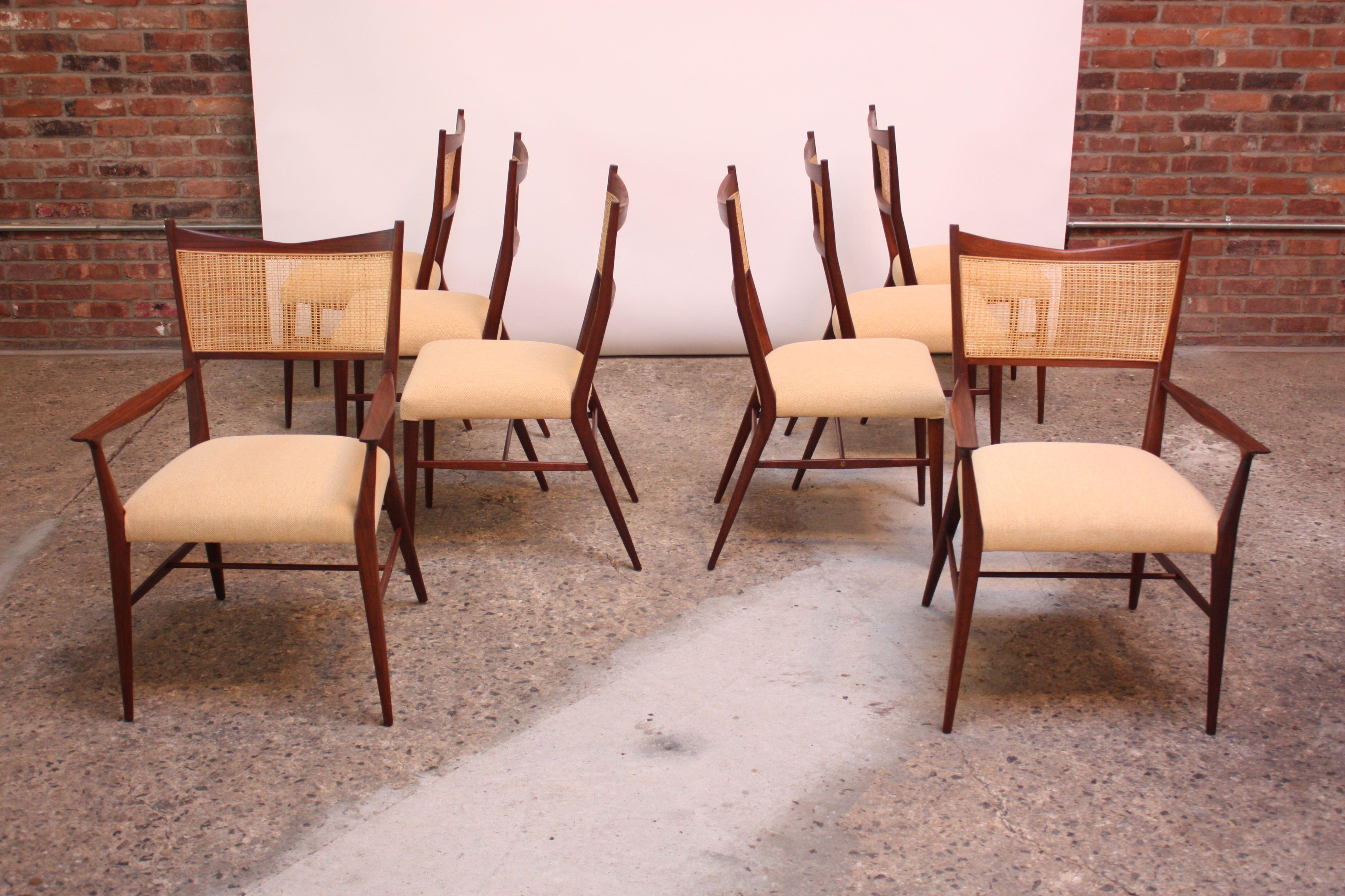 Mid-Century Modern Set of Eight Stained Mahogany and Cane Directional Dining Chairs by Paul McCobb