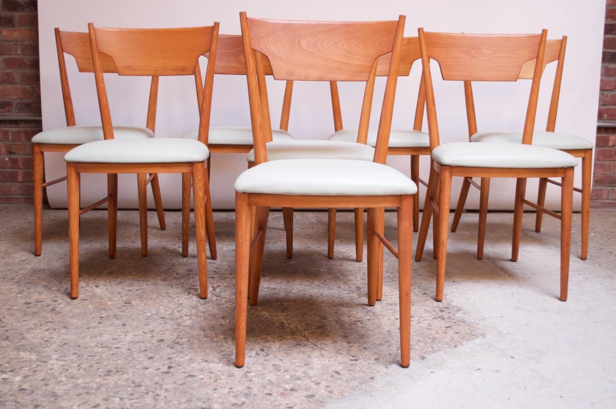 Leather Set of Eight Stained Maple Dining Chairs by Paul McCobb for Perimeter For Sale