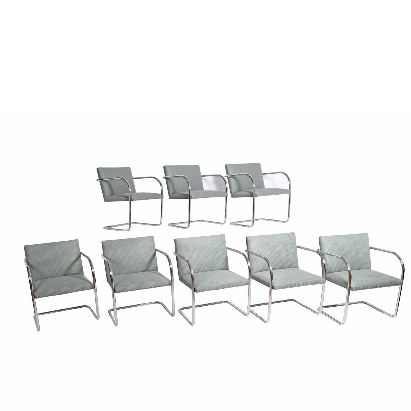 Eight stainless steel Classic tubular Brno chairs, original contract Knoll fabric
Made by Knoll Inc.
Measure: Arm height 25.75