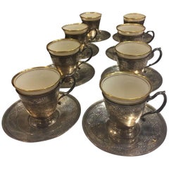 Vintage Set of Eight Sterling Silver Tiffany, Lenox Porcelain and Accompanying Saucers