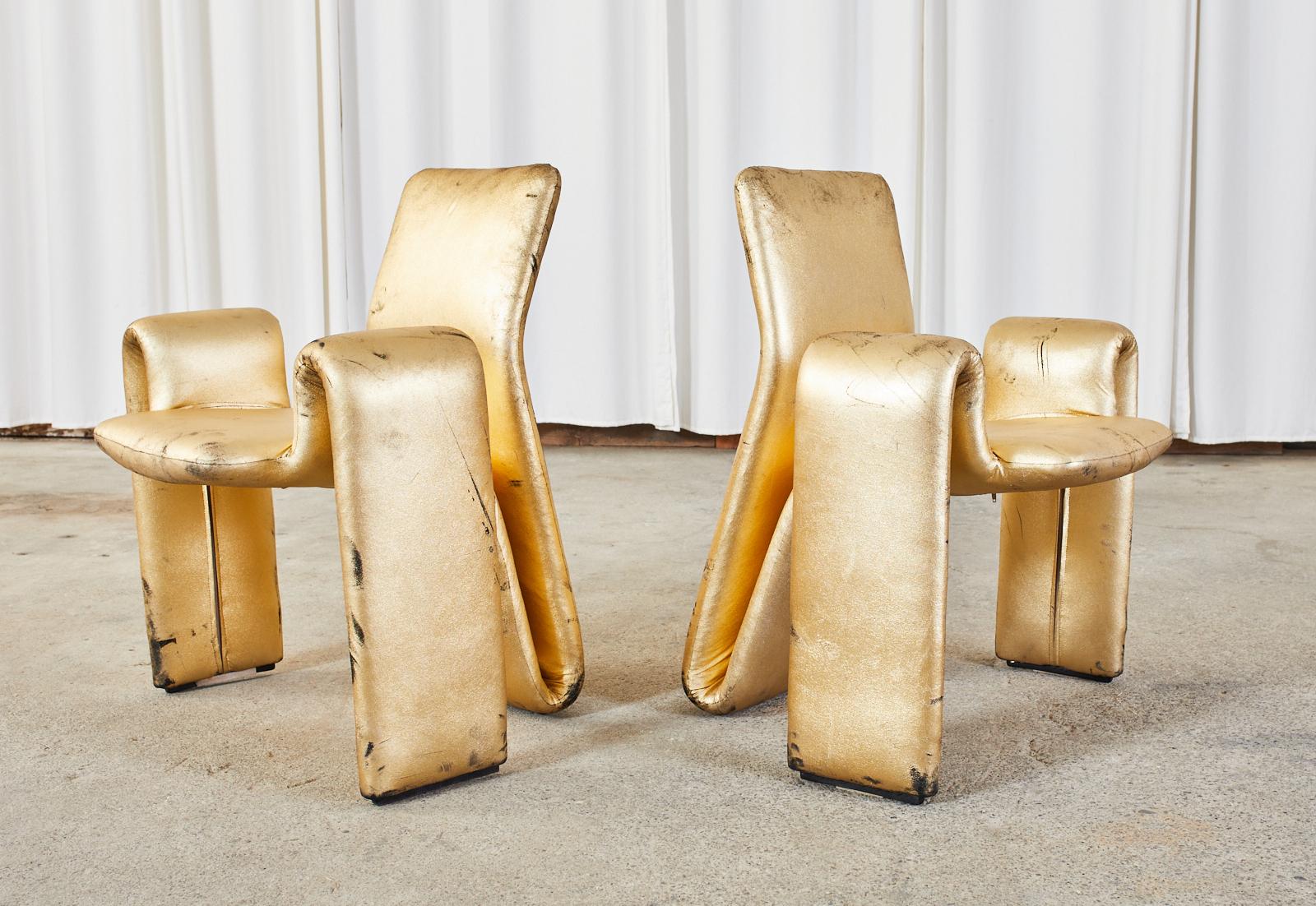 Set of Eight Steve Leonard Distressed Metallic Gold Chairs In Distressed Condition In Rio Vista, CA