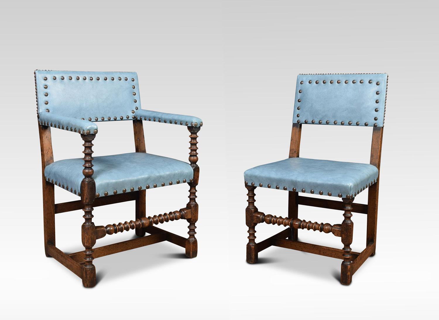 Set of eight carved dining chairs the square recently upholstered blue leather close nailed backs above overstuffed seats the carvers with padded arms all raised up on turned front legs united by stretchers.
Dimensions:
Armchairs
Height 35