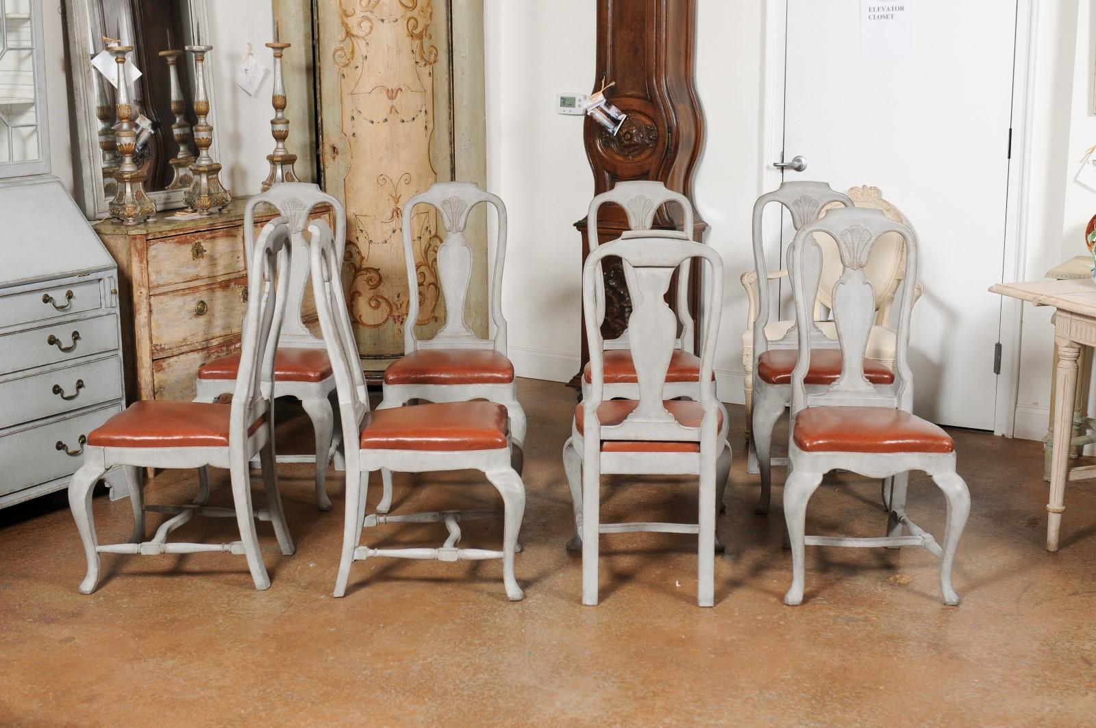 Set of Eight Swedish 1790s Rococo Painted Dining Chairs with Leather Seats 4