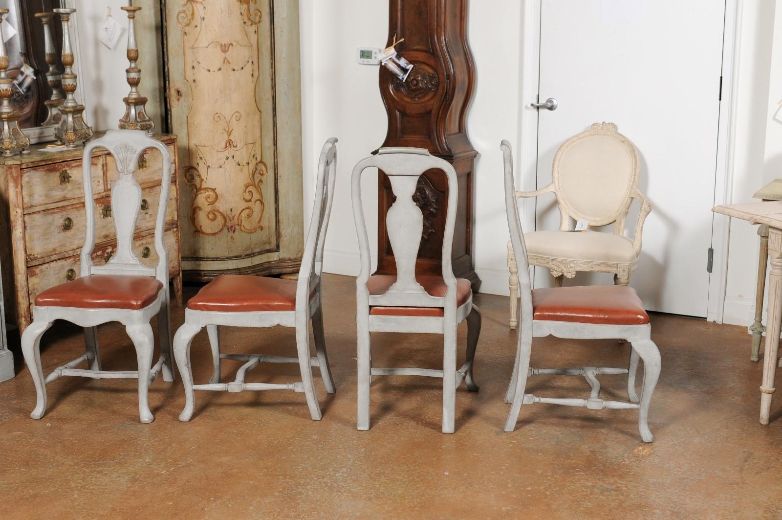 Set of Eight Swedish 1790s Rococo Painted Dining Chairs with Leather Seats 5