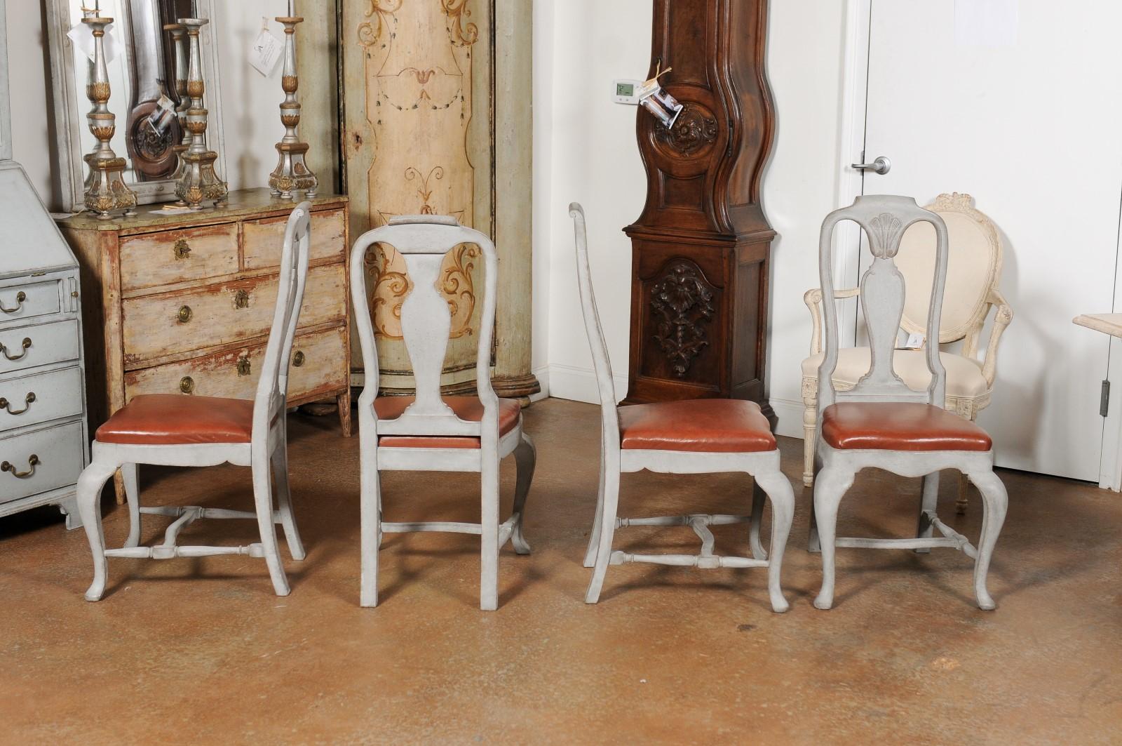Set of Eight Swedish 1790s Rococo Painted Dining Chairs with Leather Seats 8