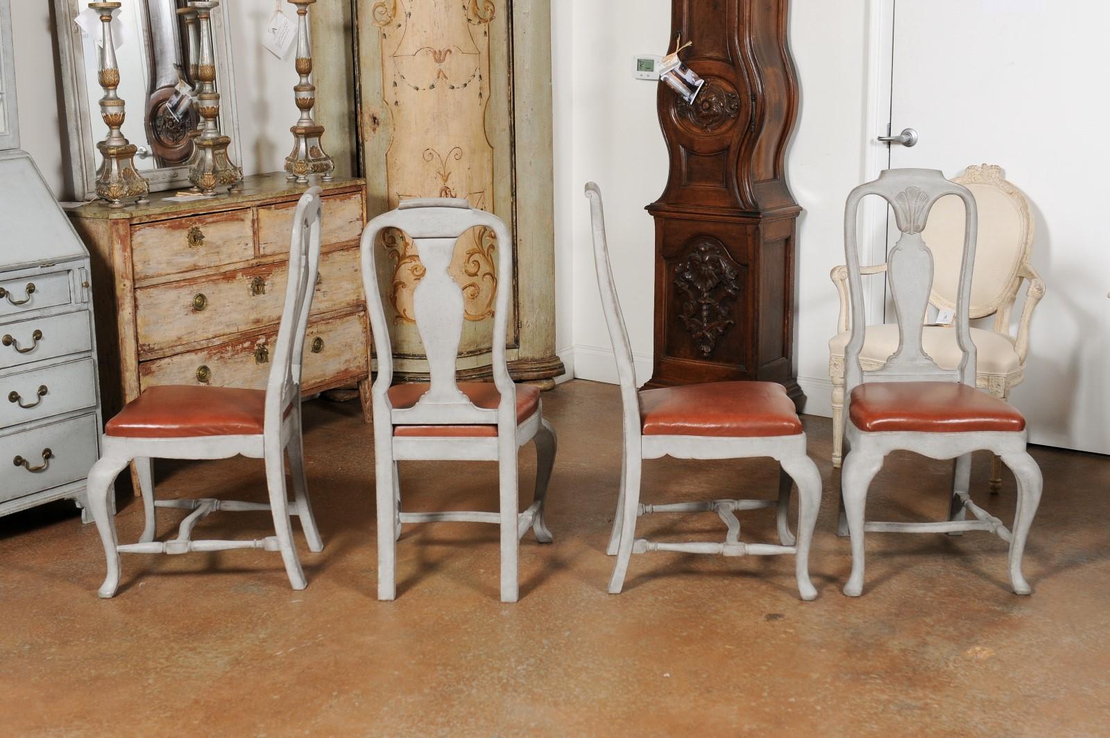 Set of Eight Swedish 1790s Rococo Painted Dining Chairs with Leather Seats 9