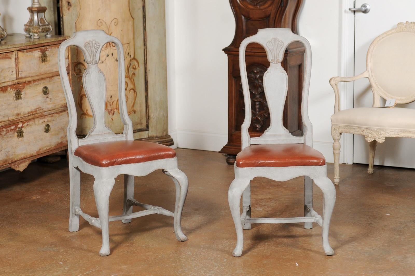 Carved Set of Eight Swedish 1790s Rococo Painted Dining Chairs with Leather Seats
