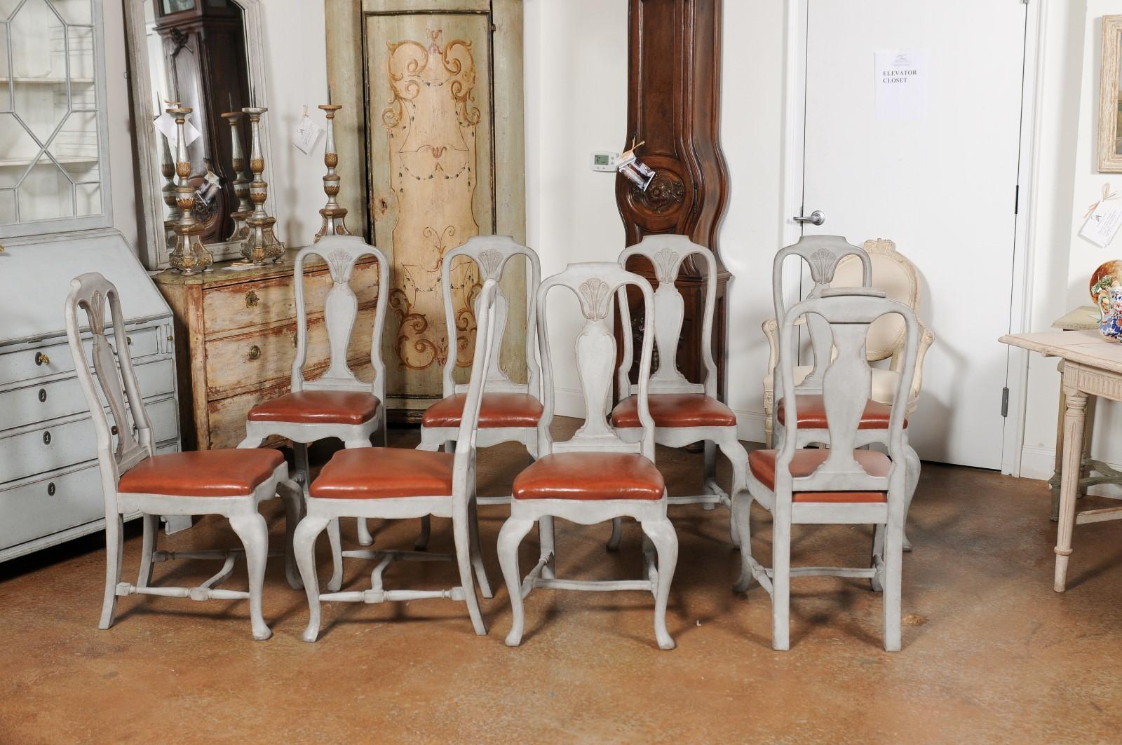 Set of Eight Swedish 1790s Rococo Painted Dining Chairs with Leather Seats In Good Condition In Atlanta, GA