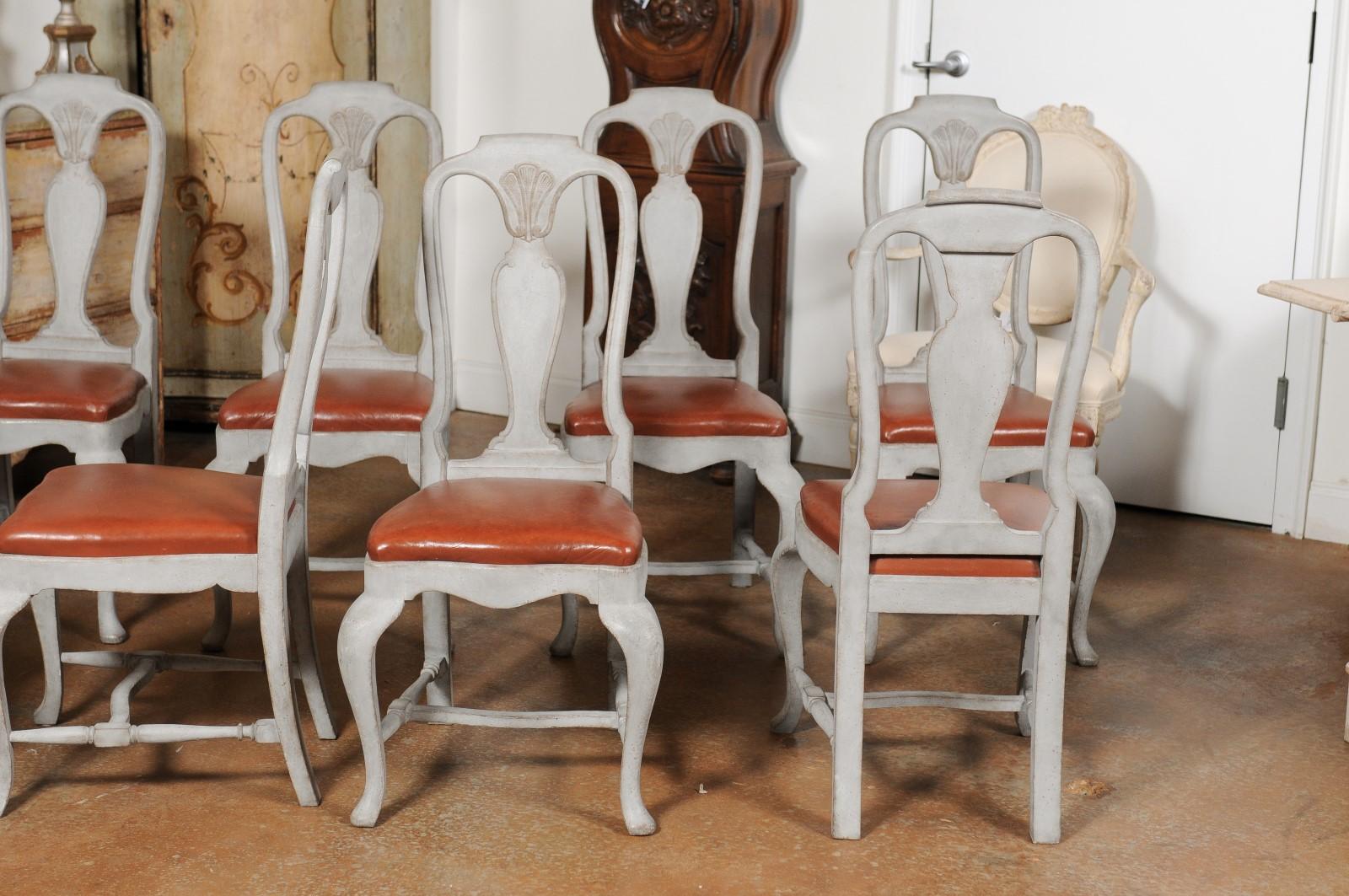 18th Century Set of Eight Swedish 1790s Rococo Painted Dining Chairs with Leather Seats