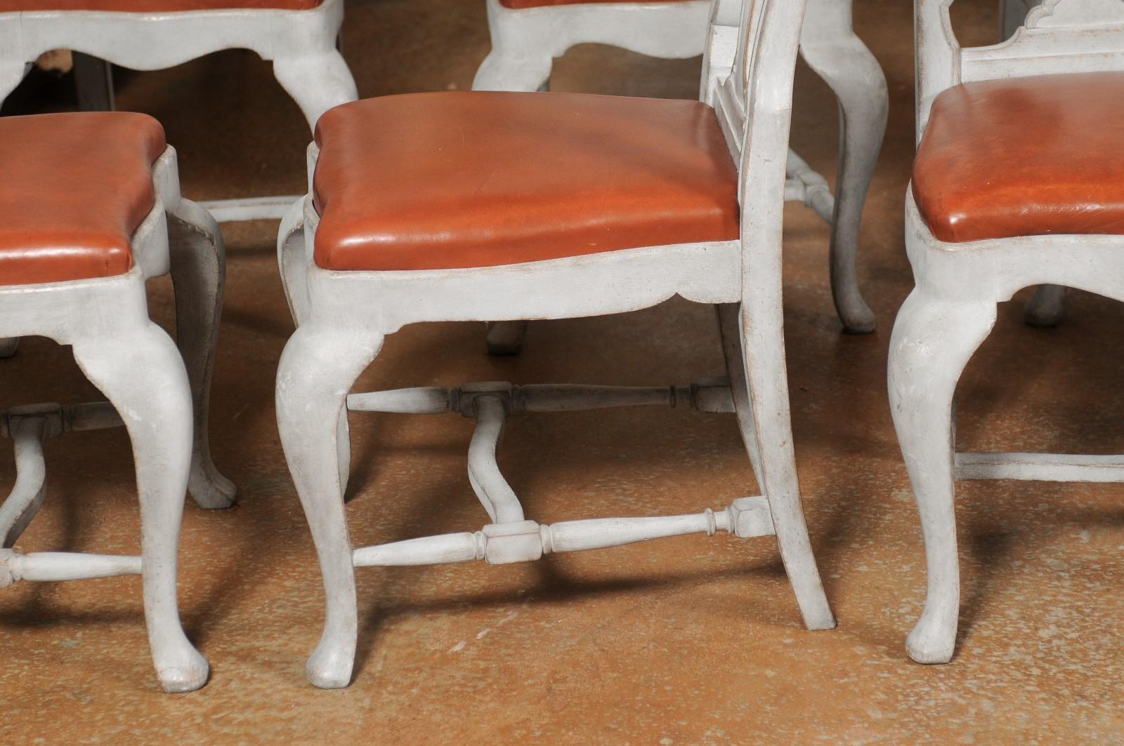 Set of Eight Swedish 1790s Rococo Painted Dining Chairs with Leather Seats 1