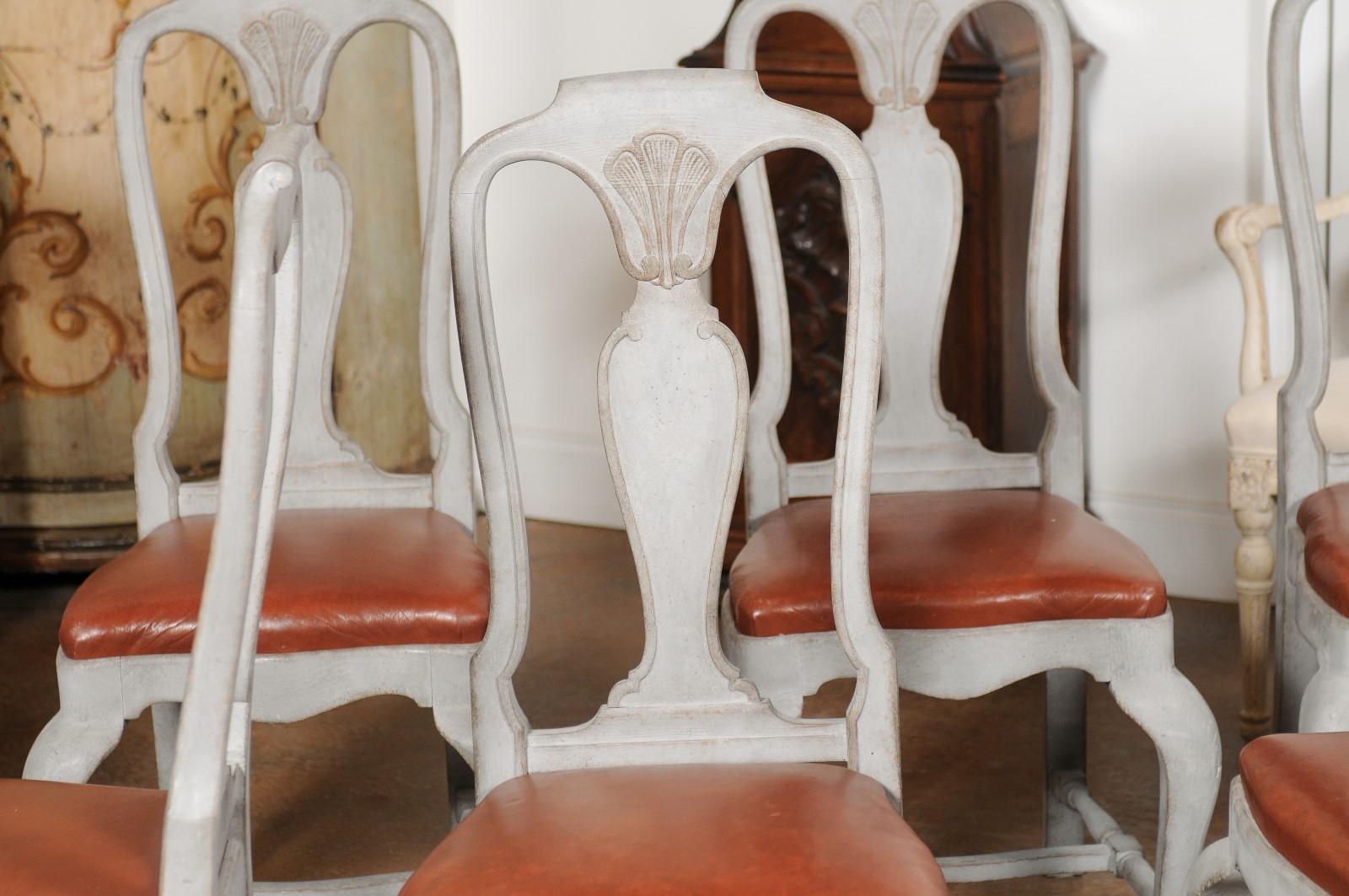 Set of Eight Swedish 1790s Rococo Painted Dining Chairs with Leather Seats 2