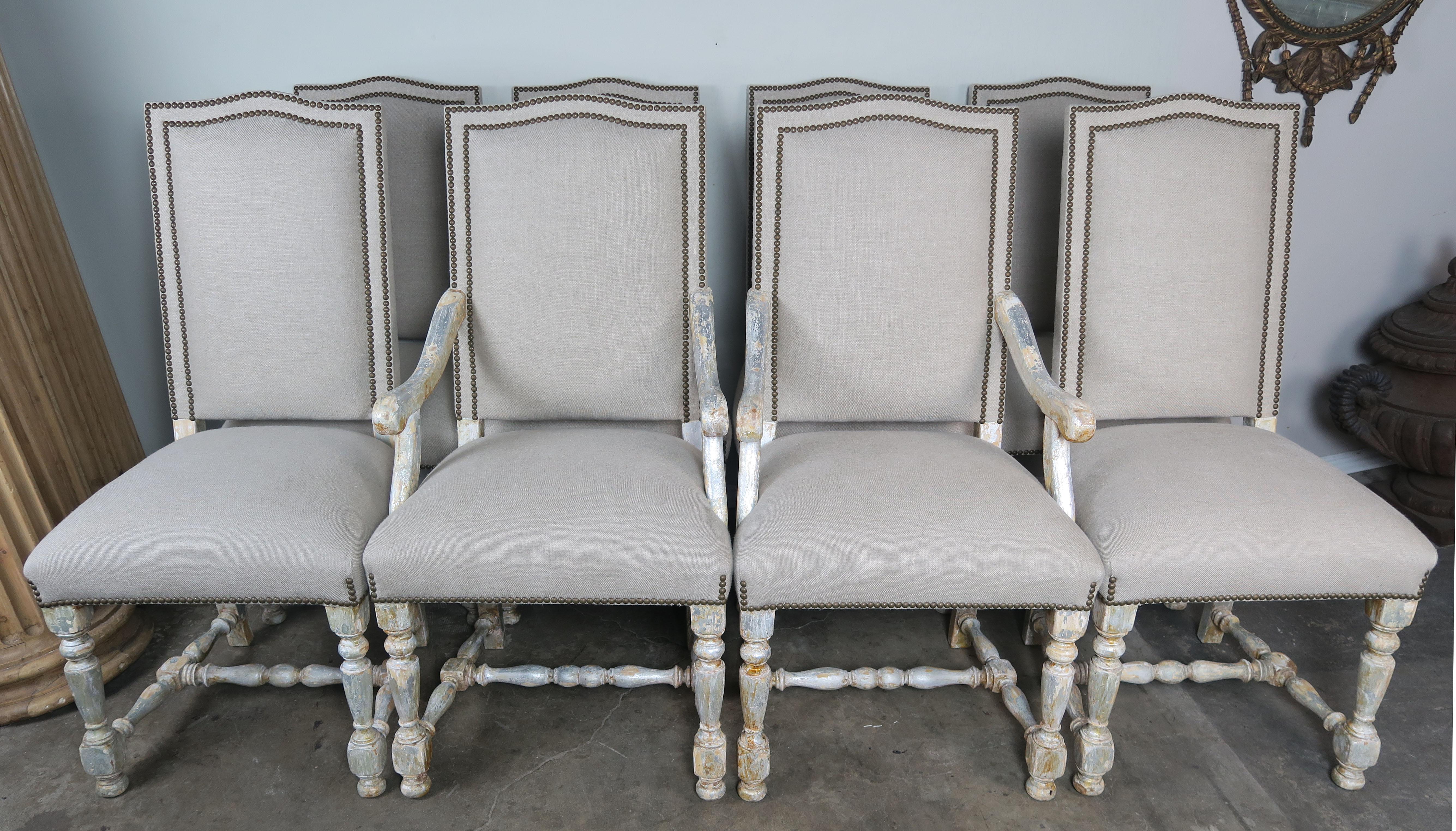 Gustavian Set of Eight Swedish Dining Chairs with Belgium Linen