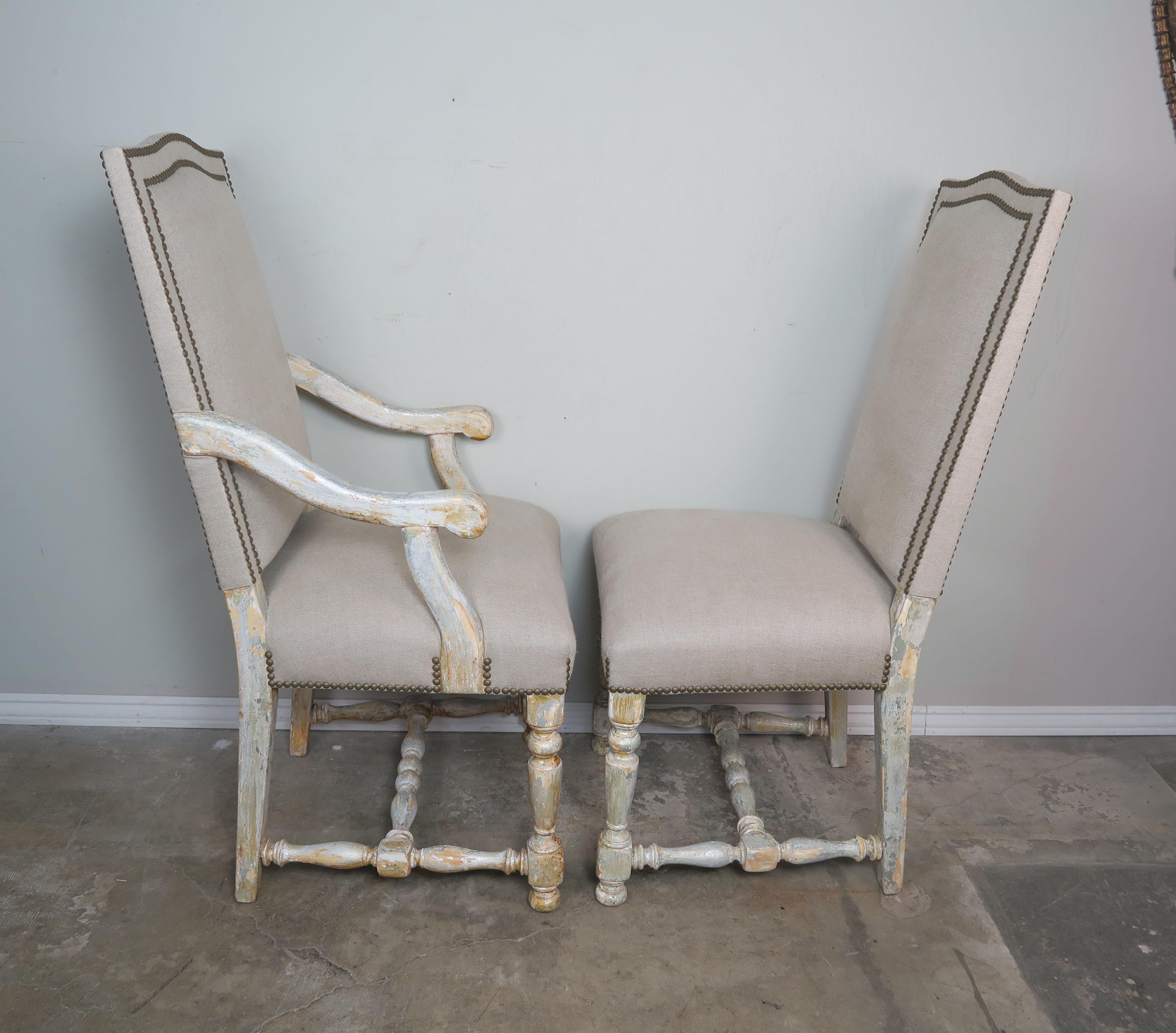 Set of Eight Swedish Dining Chairs with Belgium Linen In Distressed Condition In Los Angeles, CA