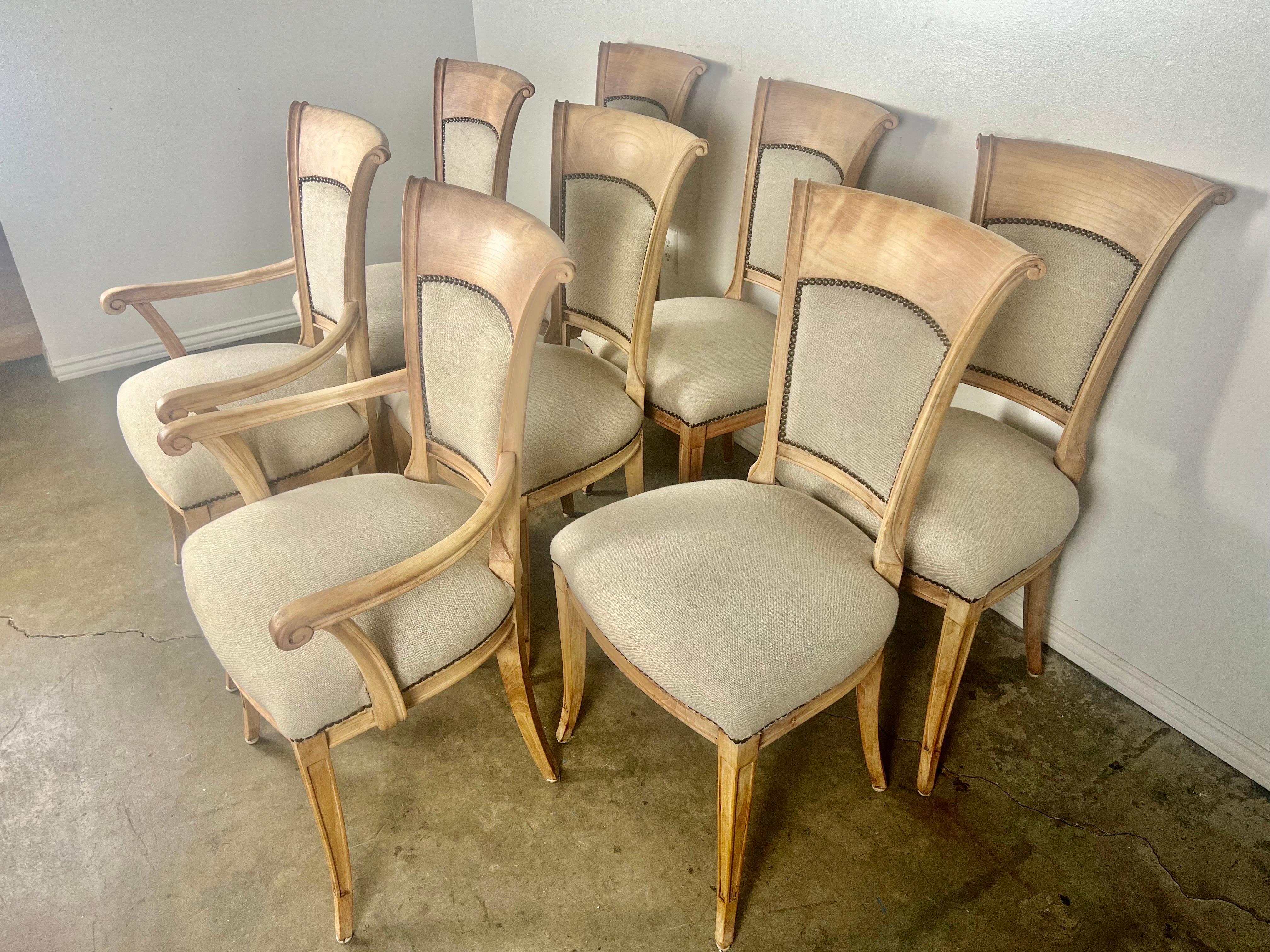 Wood Set of Eight Swedish Dining Room Chairs w/ Belgium Linen Upholstery