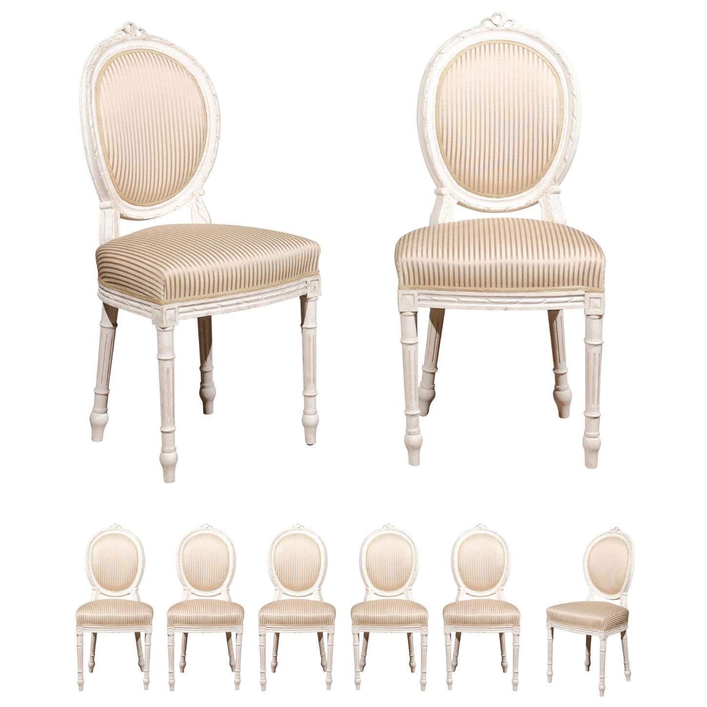 Set of Eight Swedish Gustavian Style 19th Century Dining Chairs with Oval Backs