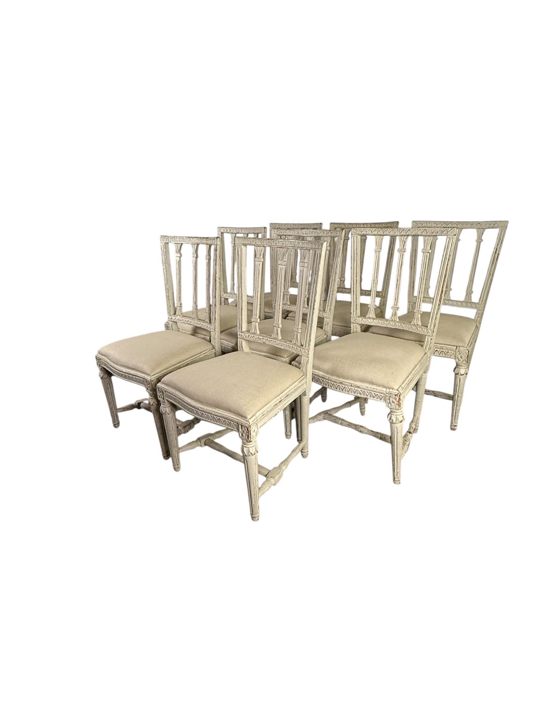 Set of Eight Swedish Gustavian Style Dining Chairs, 19th Century In Distressed Condition For Sale In Los Angeles, CA