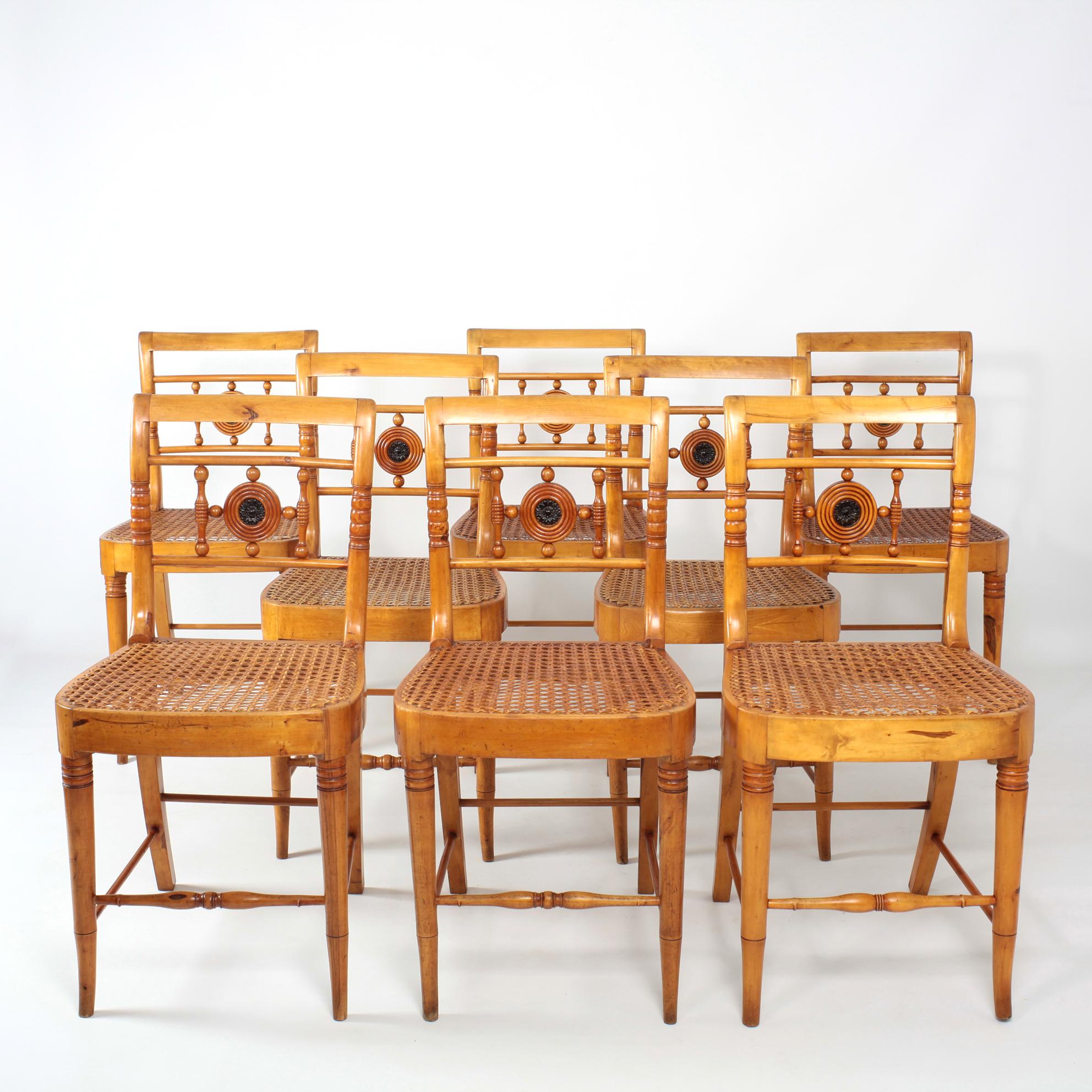 A beautiful set of 8 Swedish Lindome chairs in Empire style in original patina and original cane seats.
Lindome, Sweden circa second half of 19th Century.
Stamped AA / ST
Literature: Martinius, Birgitta, Chairs from Lindome 1740 to 1850, Mölndals