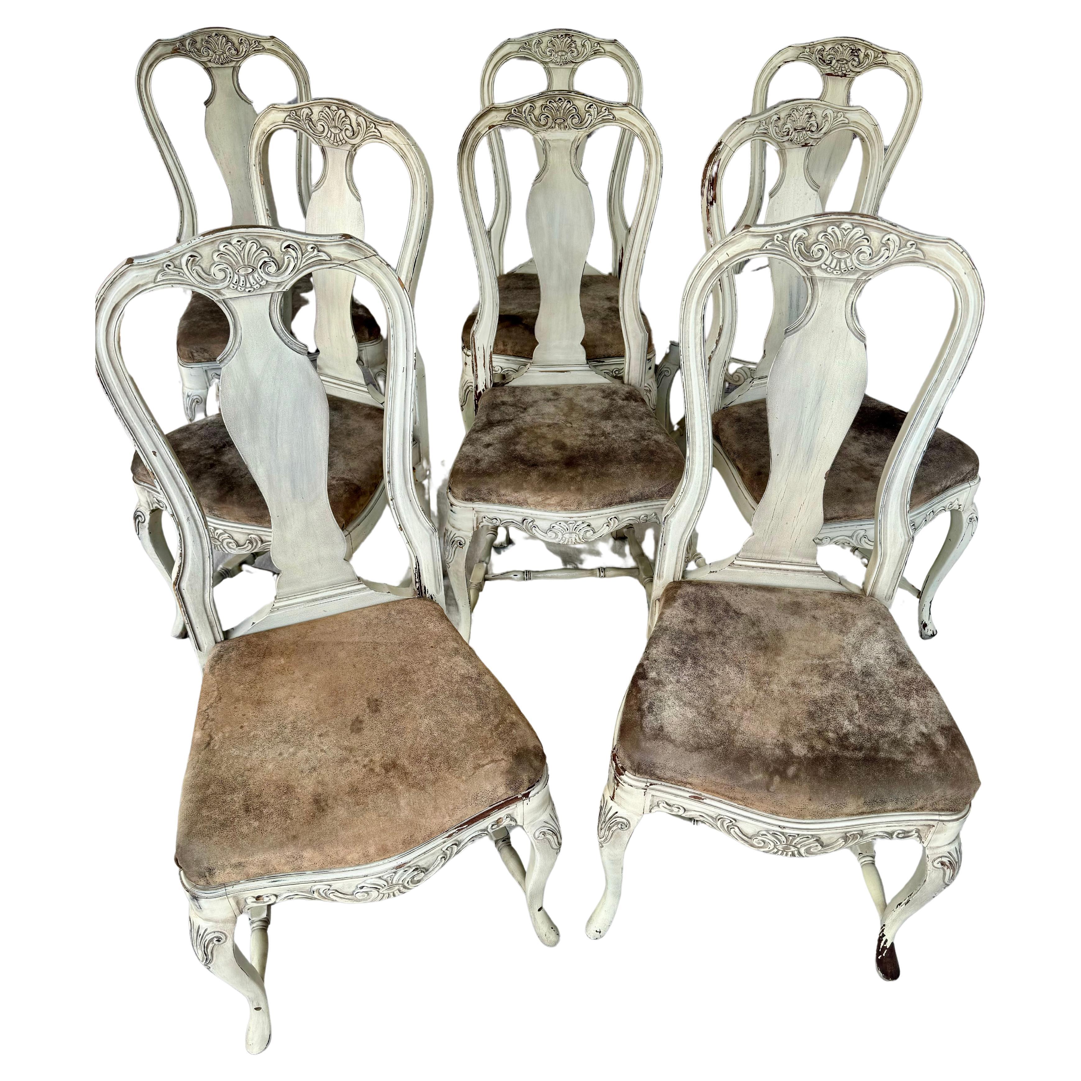 Set of Eight Swedish Rococo Style Dining Chairs For Sale