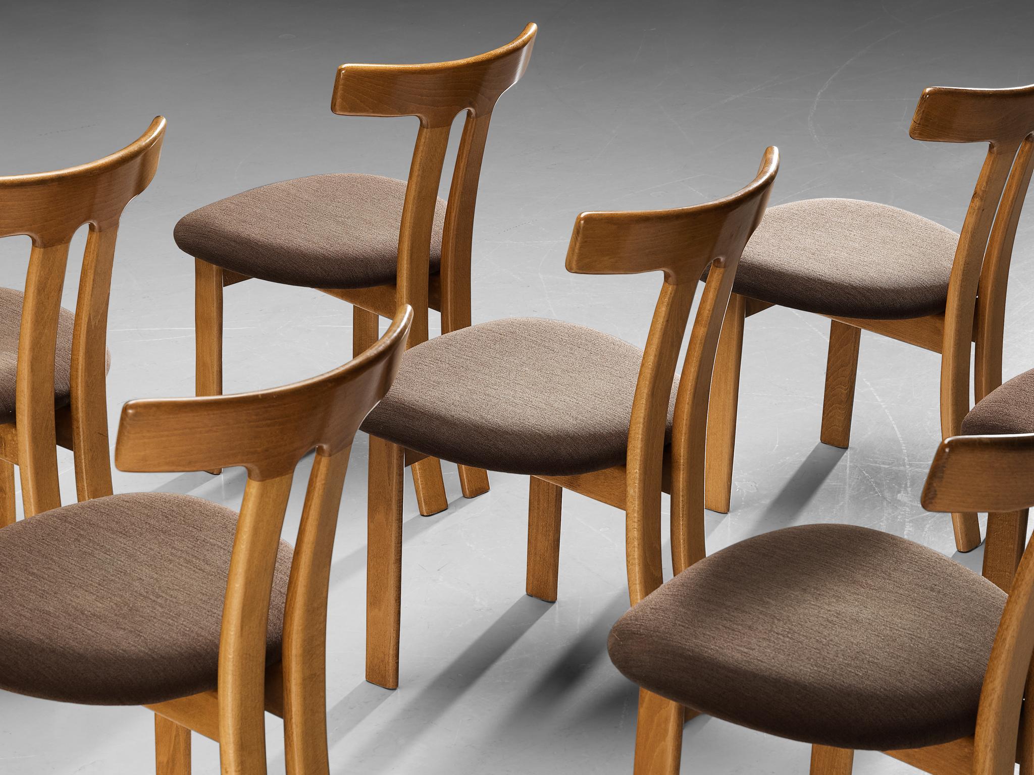 Mid-20th Century Set of Eight 'T-shape' Dining Chairs in Brown Upholstery