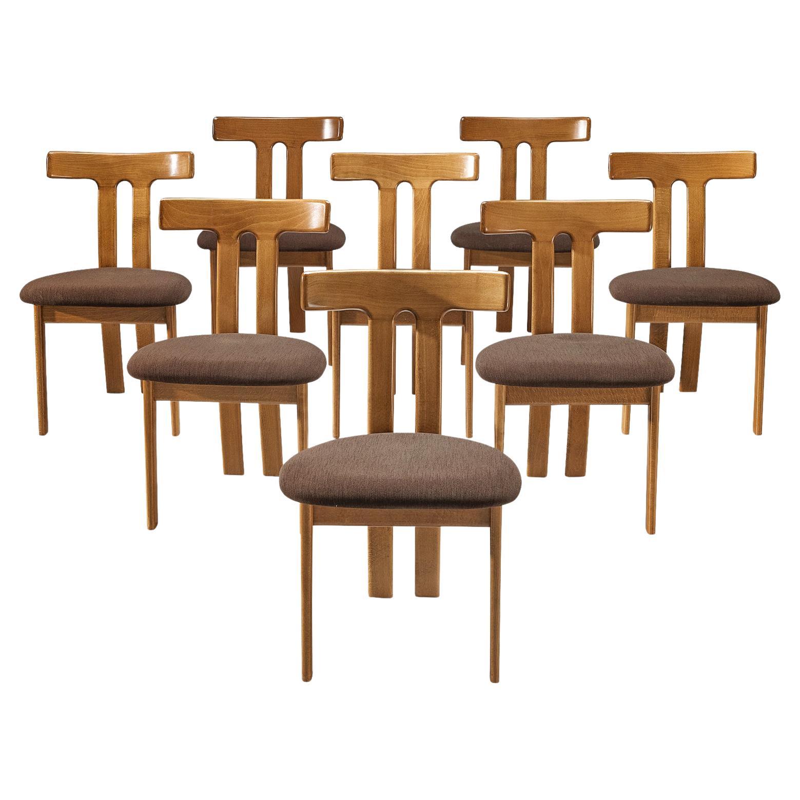 Set of Eight 'T-shape' Dining Chairs in Brown Upholstery