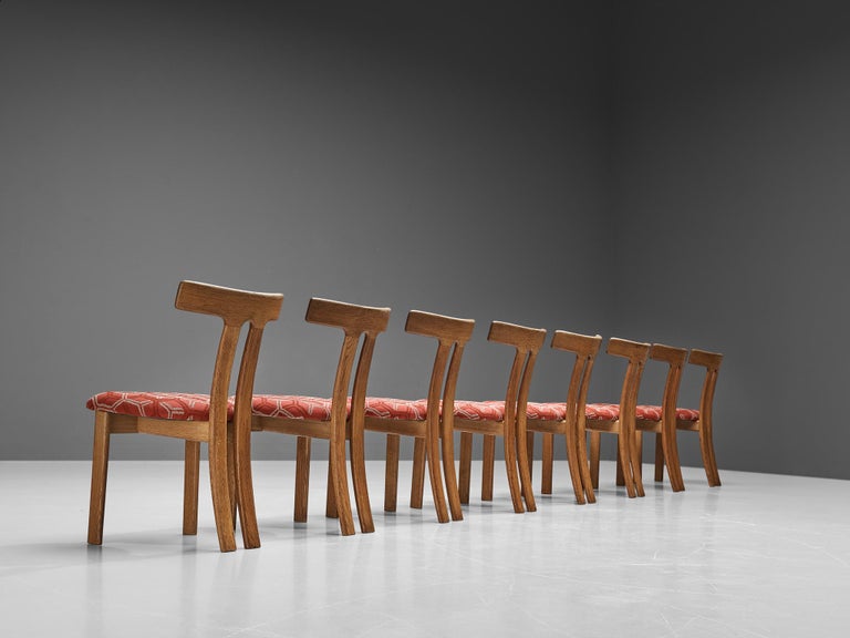 Fabric Set of Eight 'T-shape' Dining Chairs in Oak and Red Patterned Upholstery