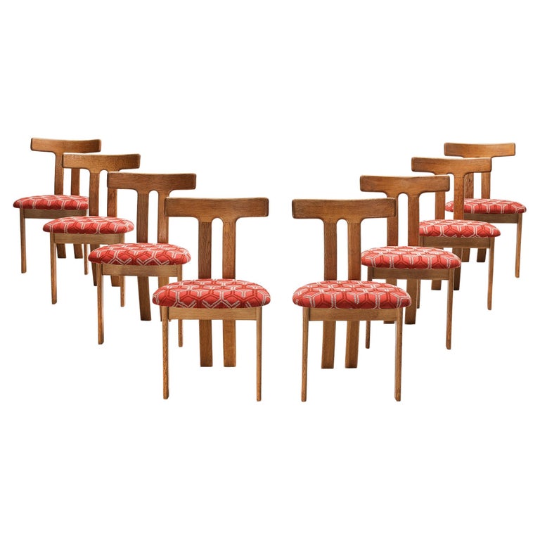 Set of Eight 'T-shape' Dining Chairs in Oak and Red Patterned Upholstery