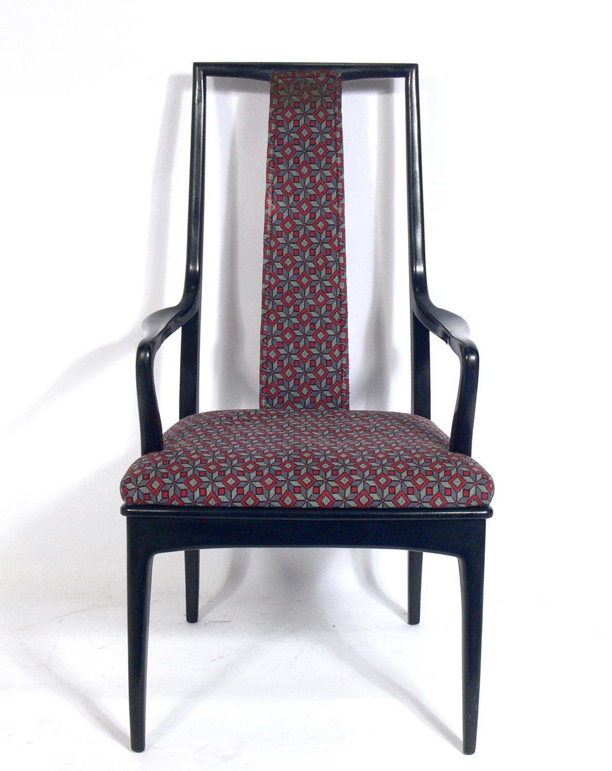 Set of eight tall back Asian inspired dining chairs, originally retailed through John Stuart NYC, American, circa 1960s. Gently curving backs and elegant tapered legs. These chairs are currently being refinished and reupholstered and can be