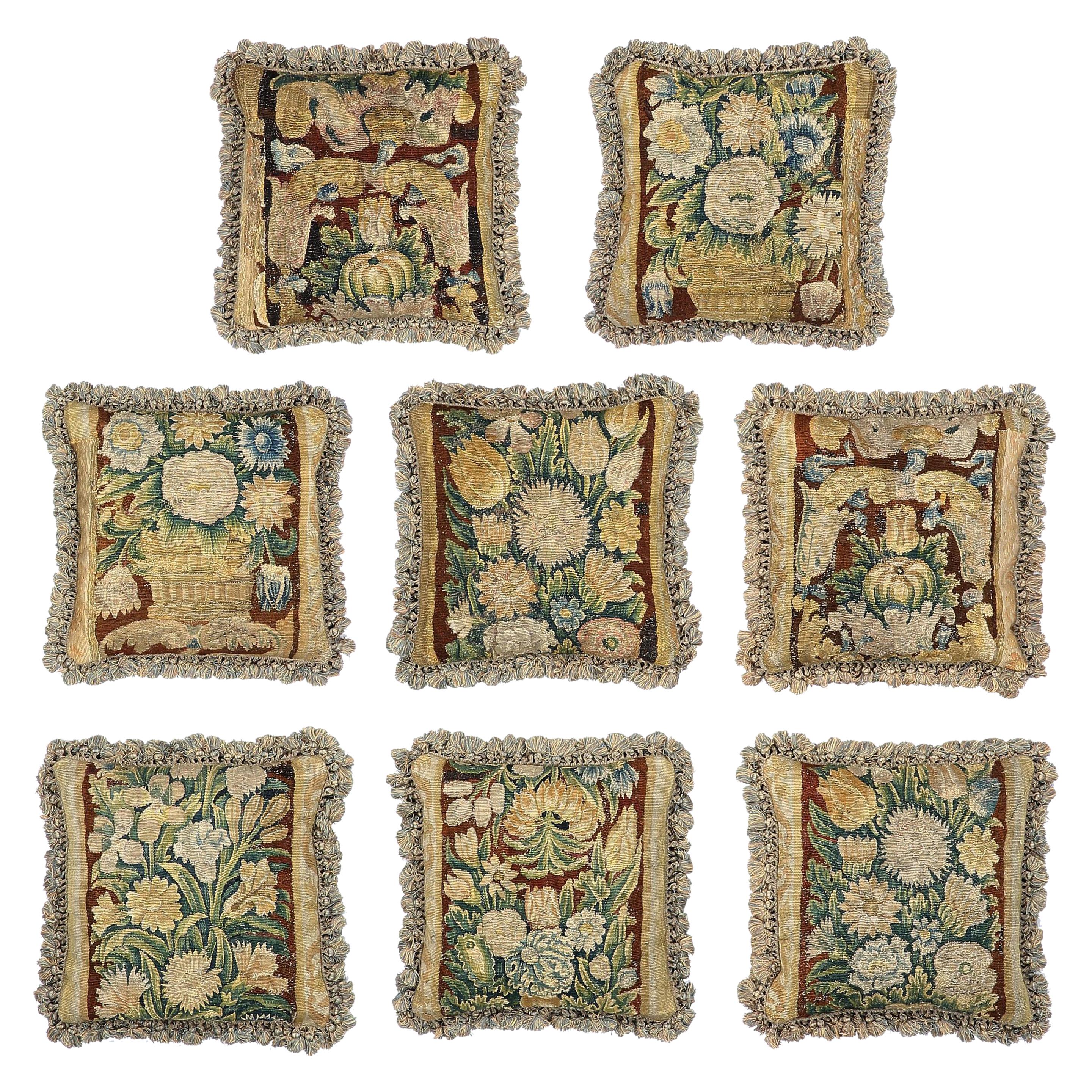 Set of Eight Tapestry Pillows Cushions Mid-17th Century Flemish Baroque Verdure