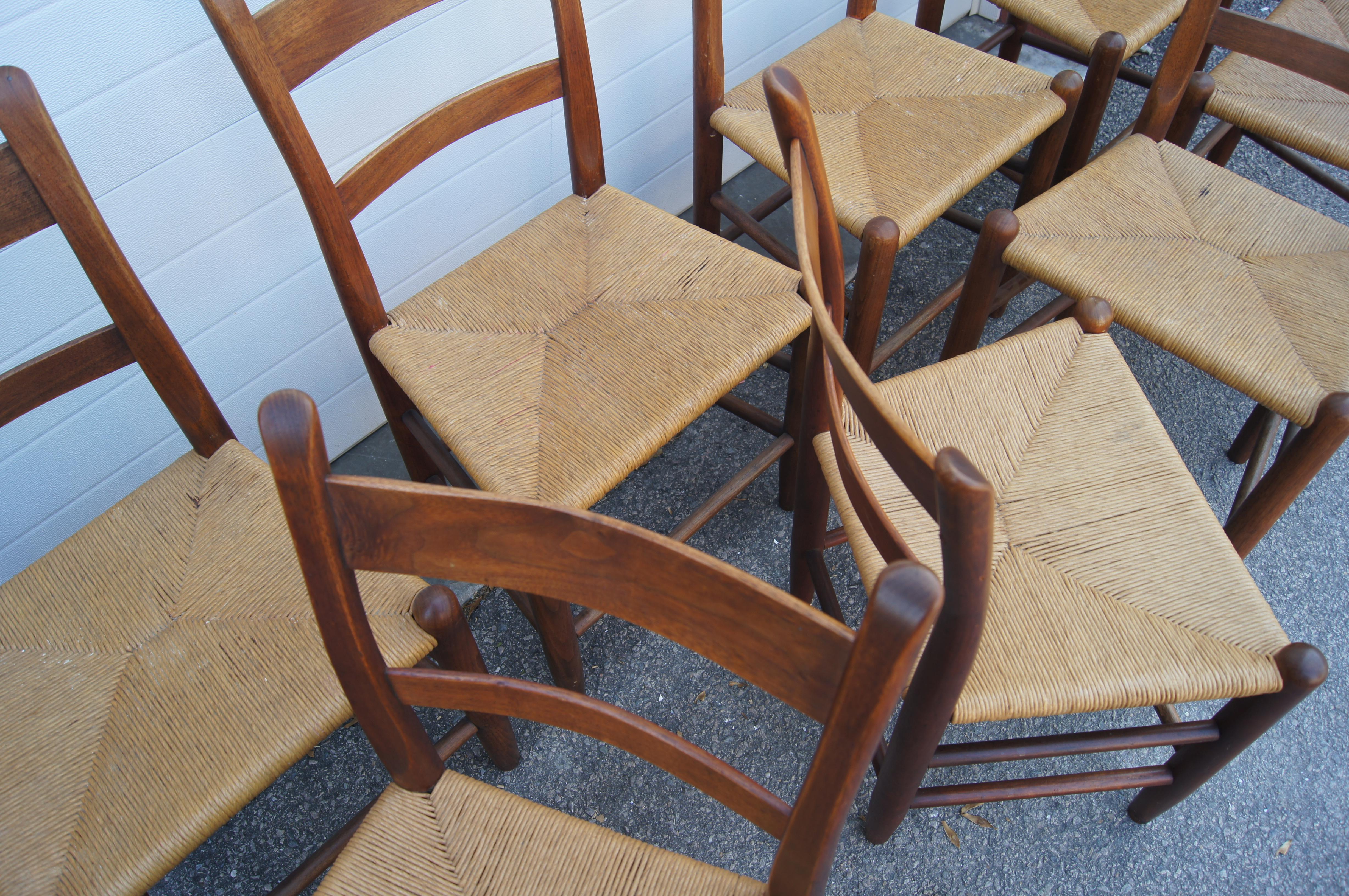 Mid-Century Modern Set of Eight Teak and Rush Dining Chairs by Charles Webb