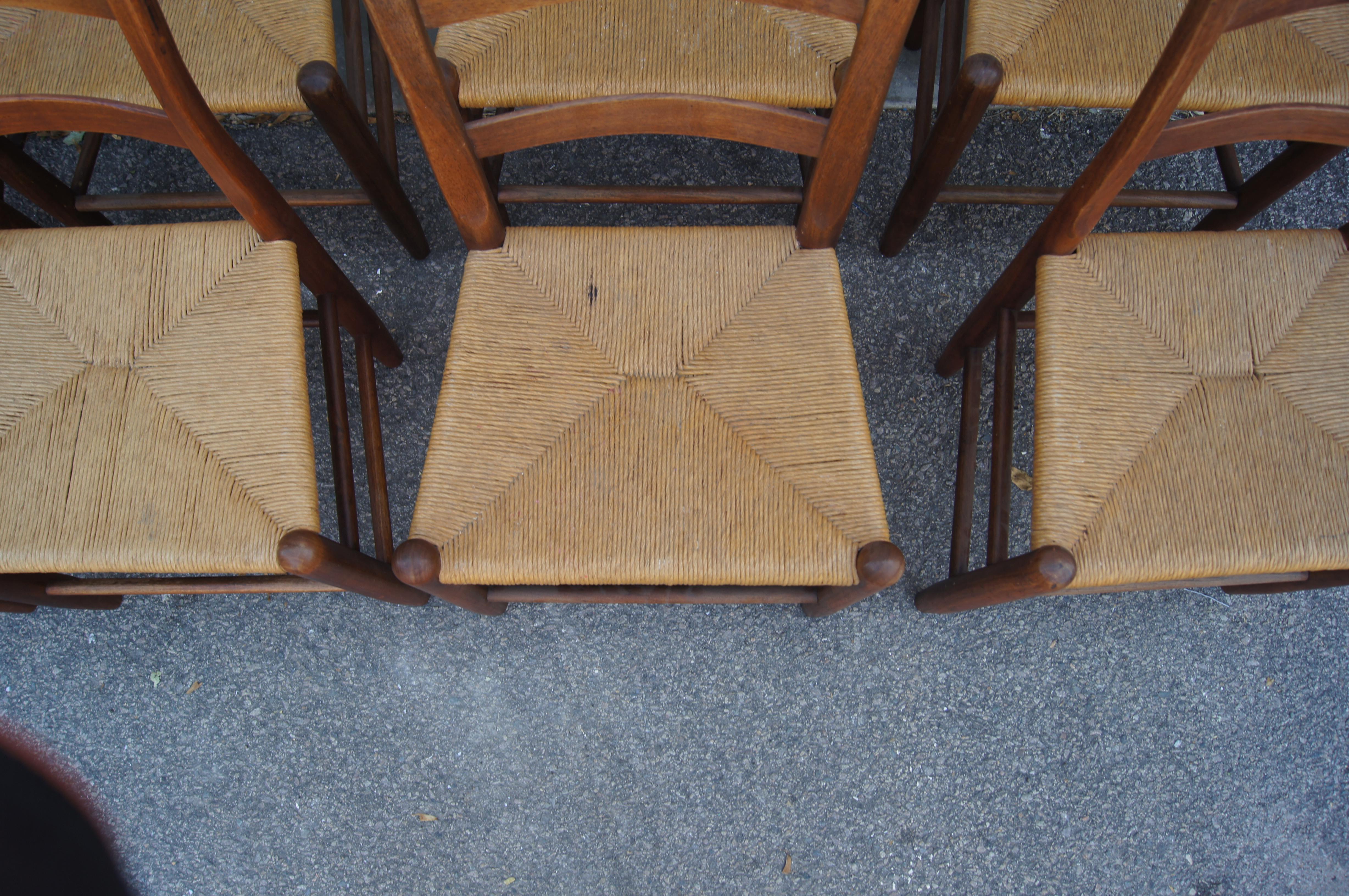 American Set of Eight Teak and Rush Dining Chairs by Charles Webb