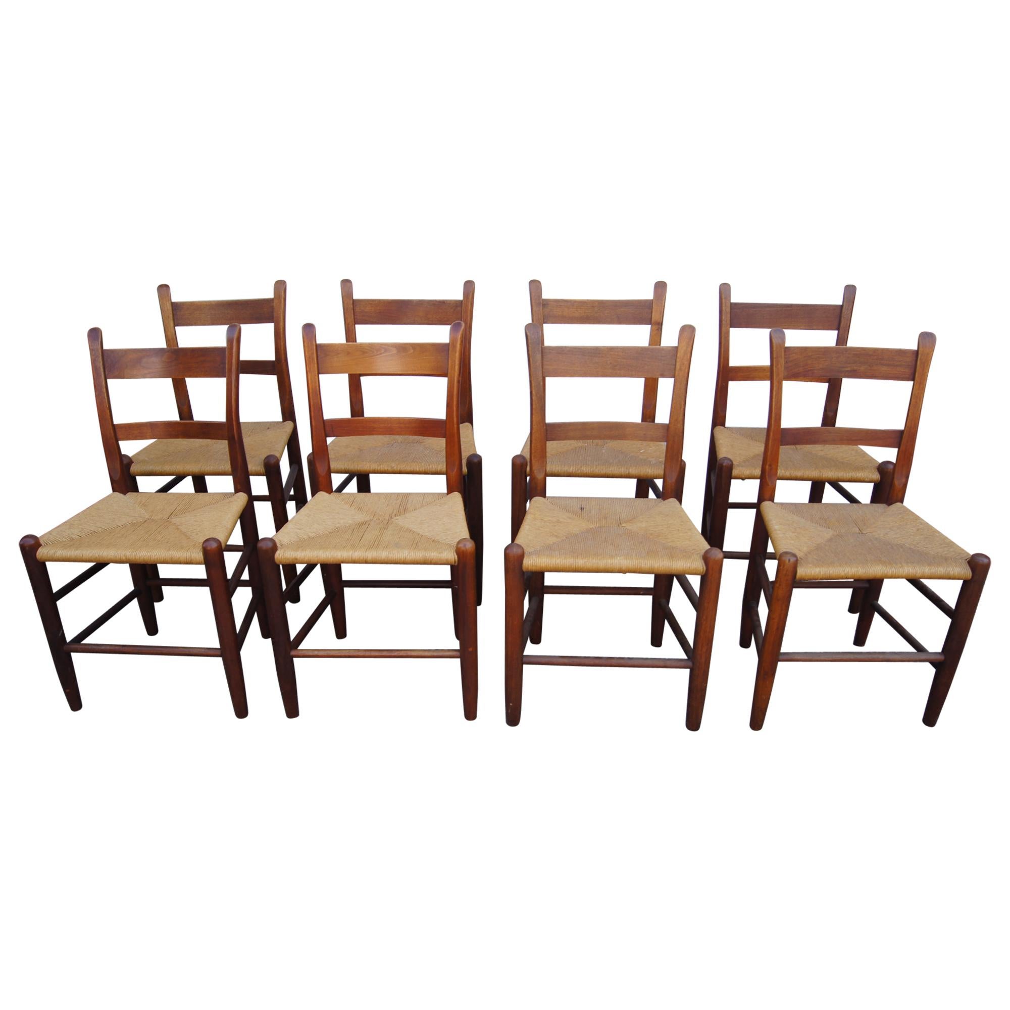 Set of Eight Teak and Rush Dining Chairs by Charles Webb