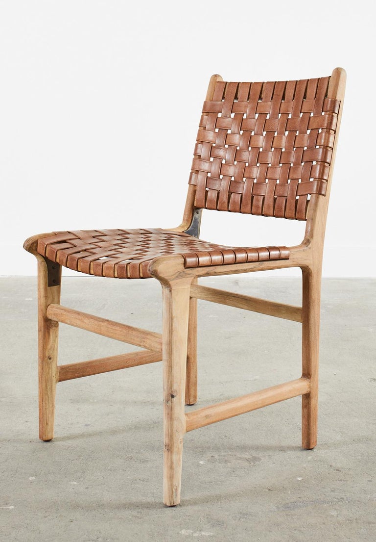 Set of Eight Teak and Woven Leather Strap Dining Chairs at 1stDibs