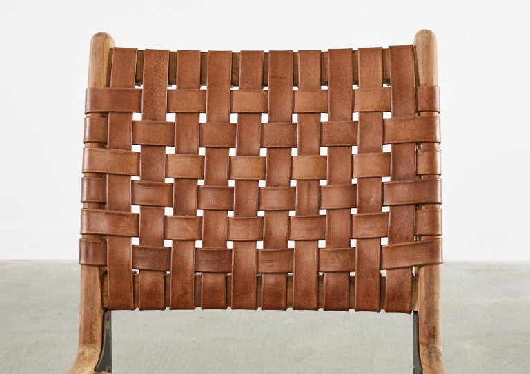 Set of Eight Teak and Woven Leather Strap Dining Chairs at 1stDibs
