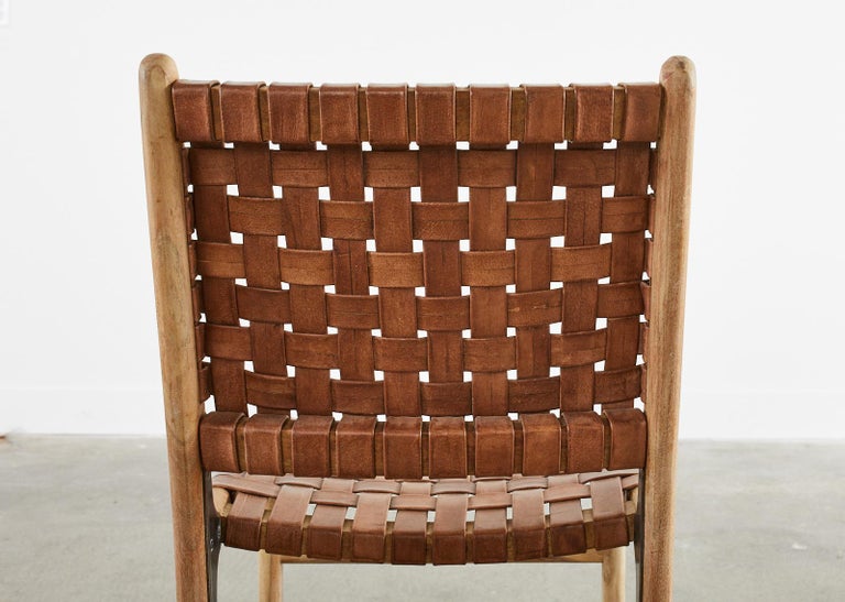 Set of Eight Teak and Woven Leather Strap Dining Chairs at 1stDibs