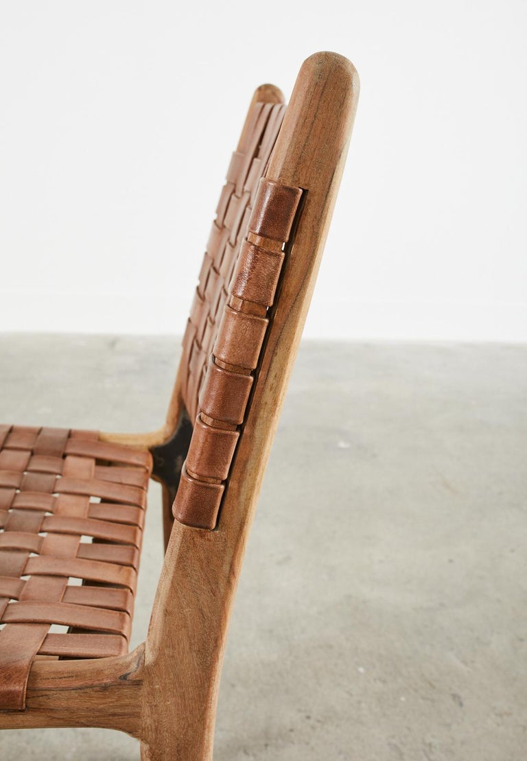 Set of Eight Teak and Woven Leather Strap Dining Chairs at 1stDibs