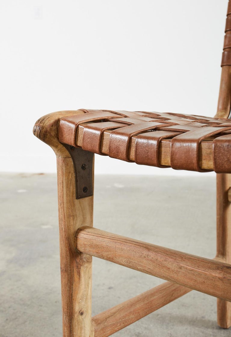 Set of Eight Teak and Woven Leather Strap Dining Chairs at 1stDibs
