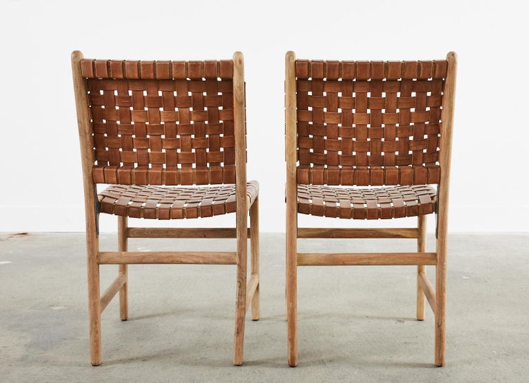 Set of Eight Teak and Woven Leather Strap Dining Chairs at 1stDibs