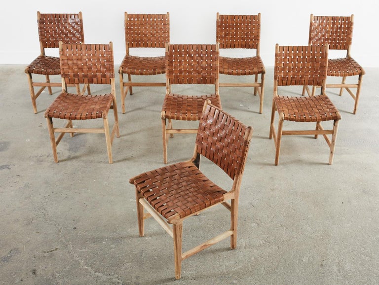 Set of Eight Teak and Woven Leather Strap Dining Chairs at 1stDibs